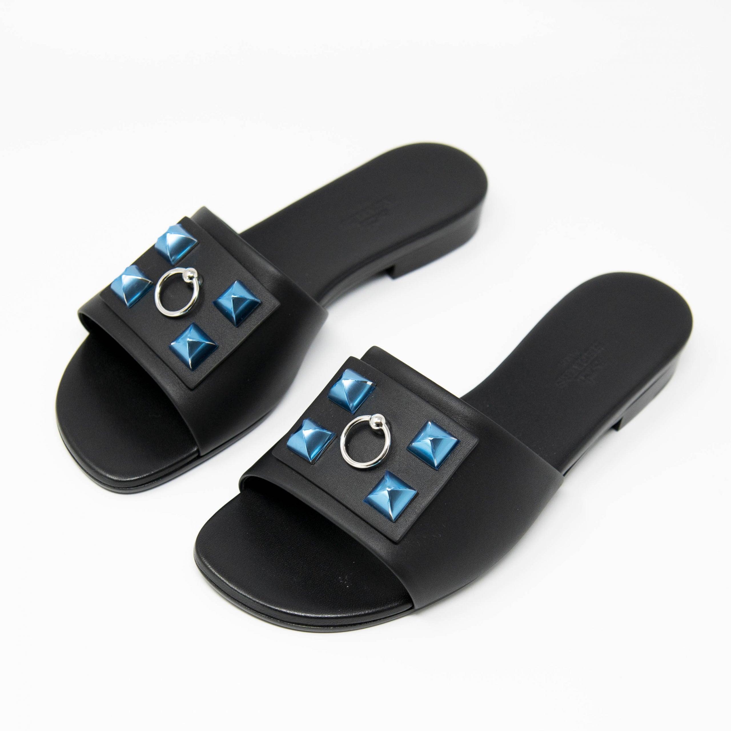 Hermes Black Calfskin Dune Sandals 36
