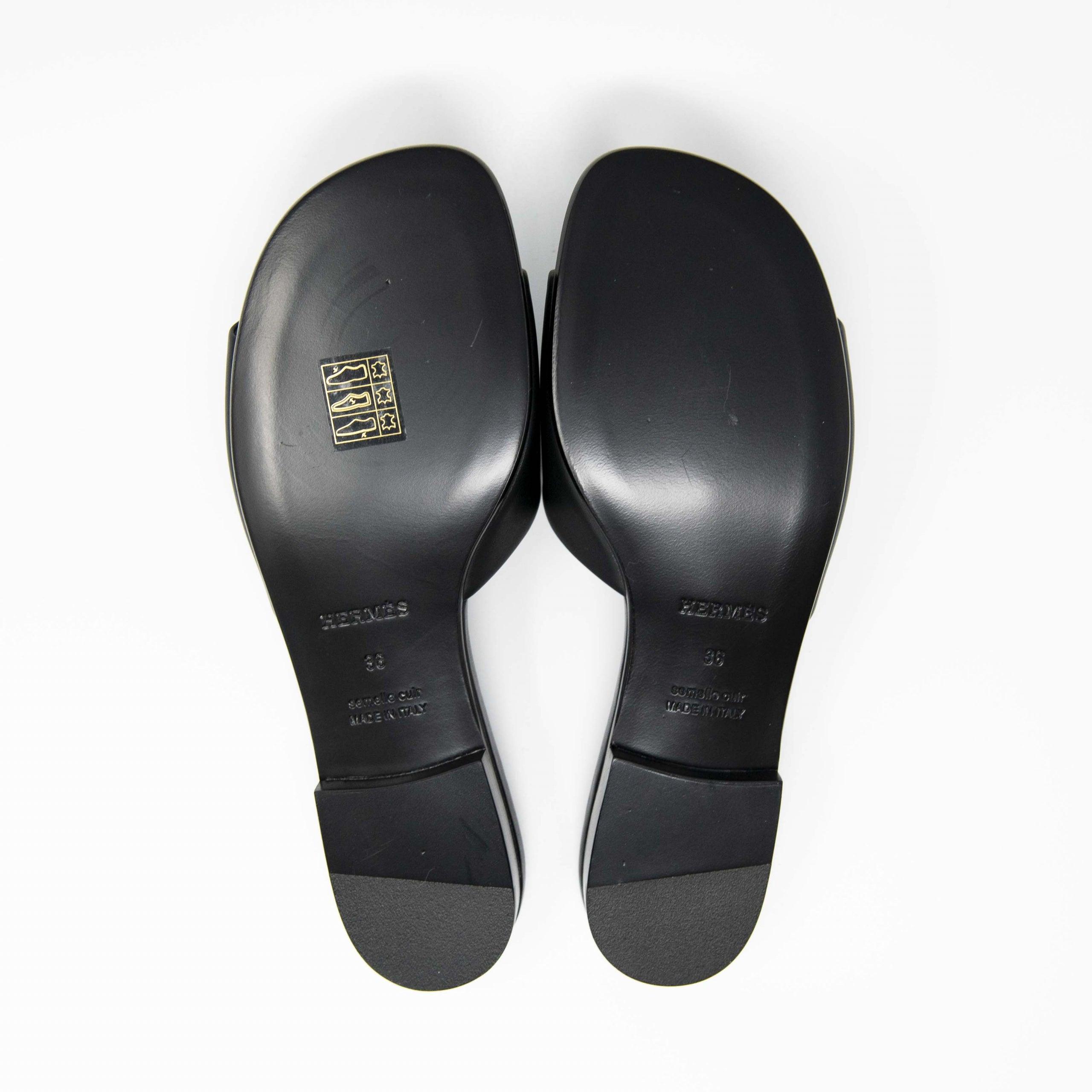 Hermes Black Calfskin Dune Sandals 36