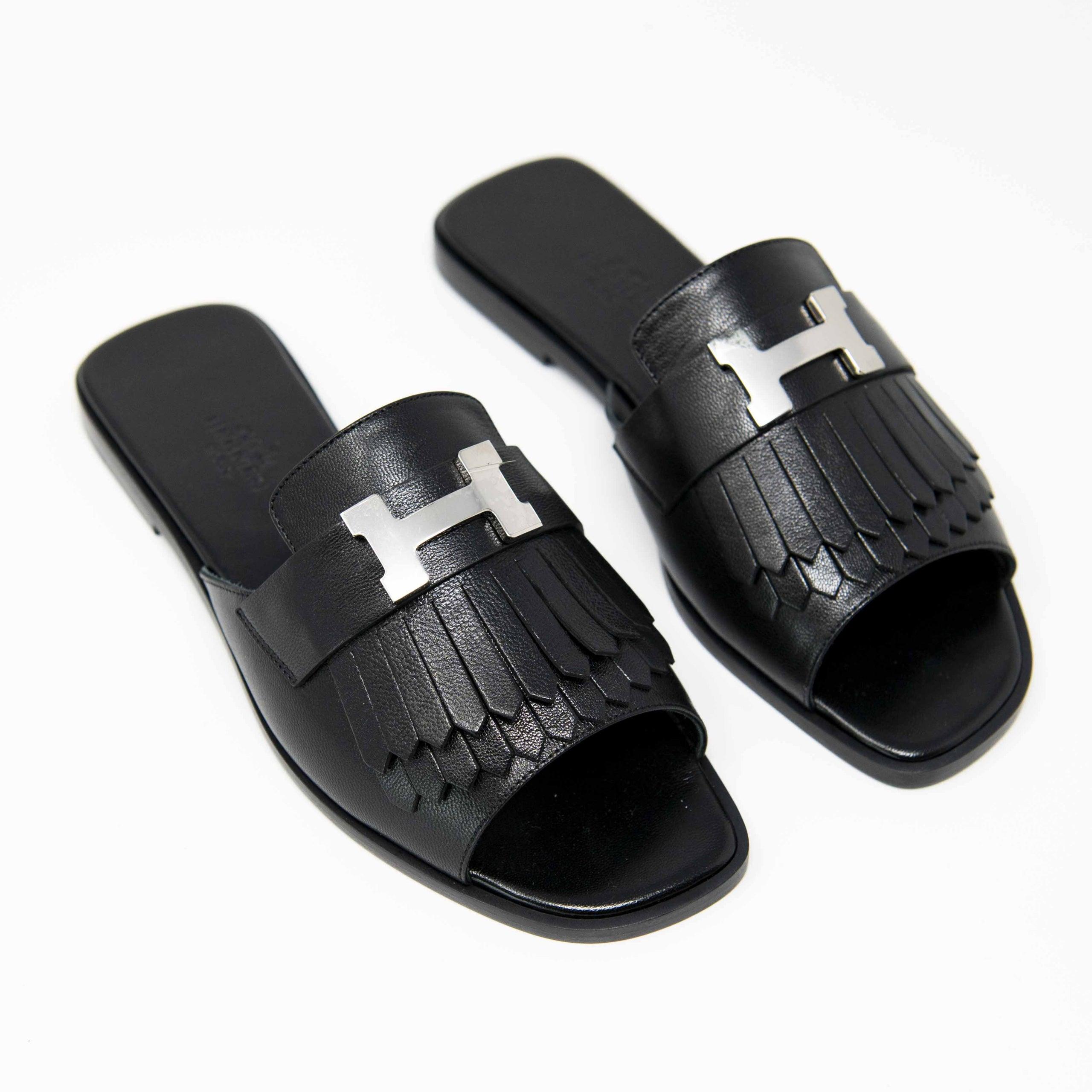 Hermes Black Chevre Auteuil Sandals 36