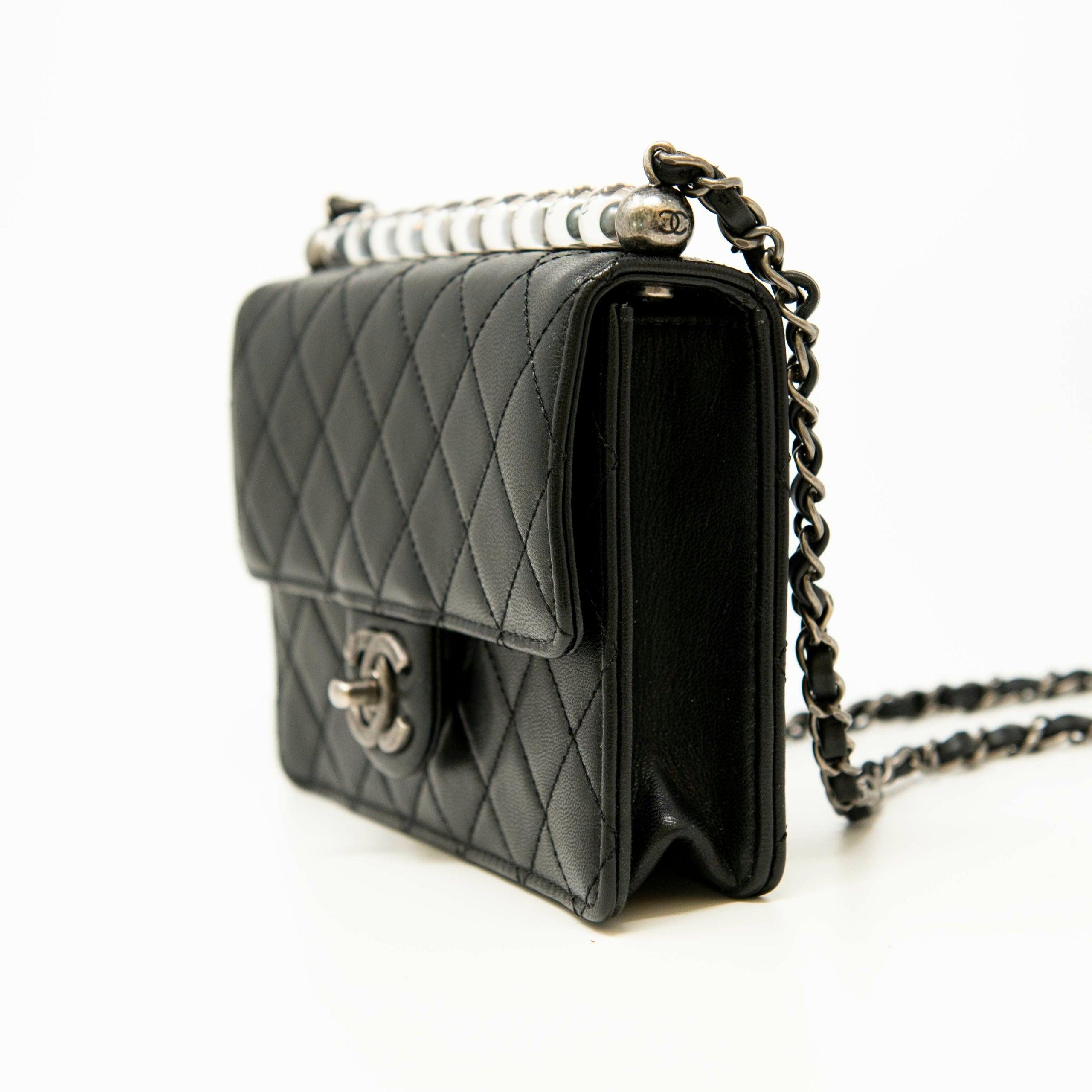 Chanel Black Lambskin Logo Pearl Flap