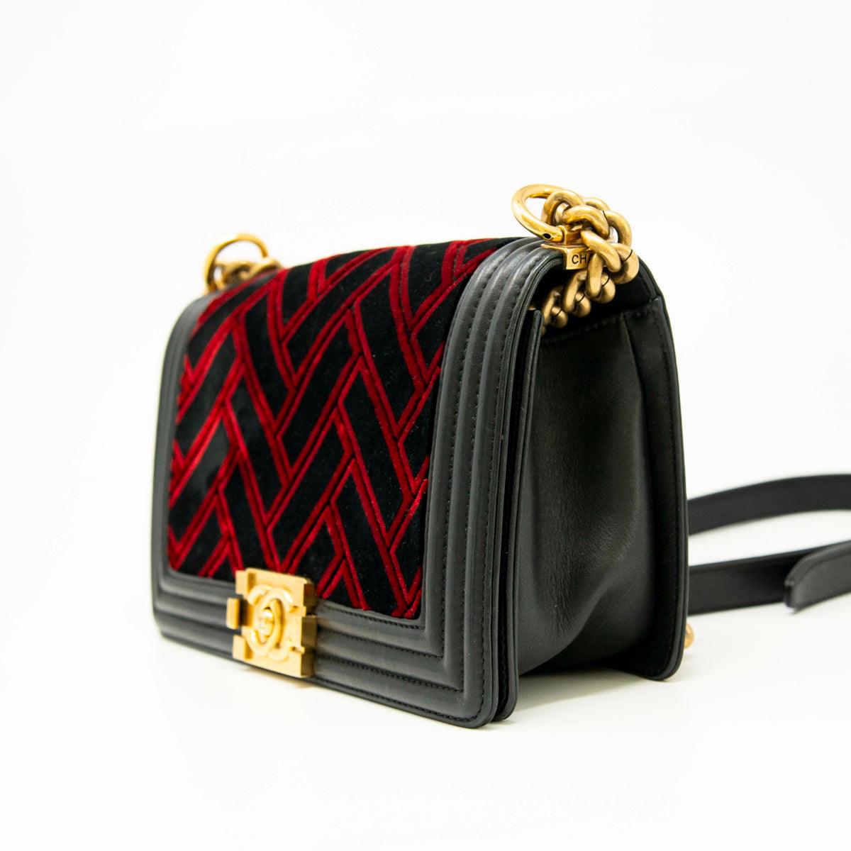Chanel Red/Black Velvet Medium Boy Bag