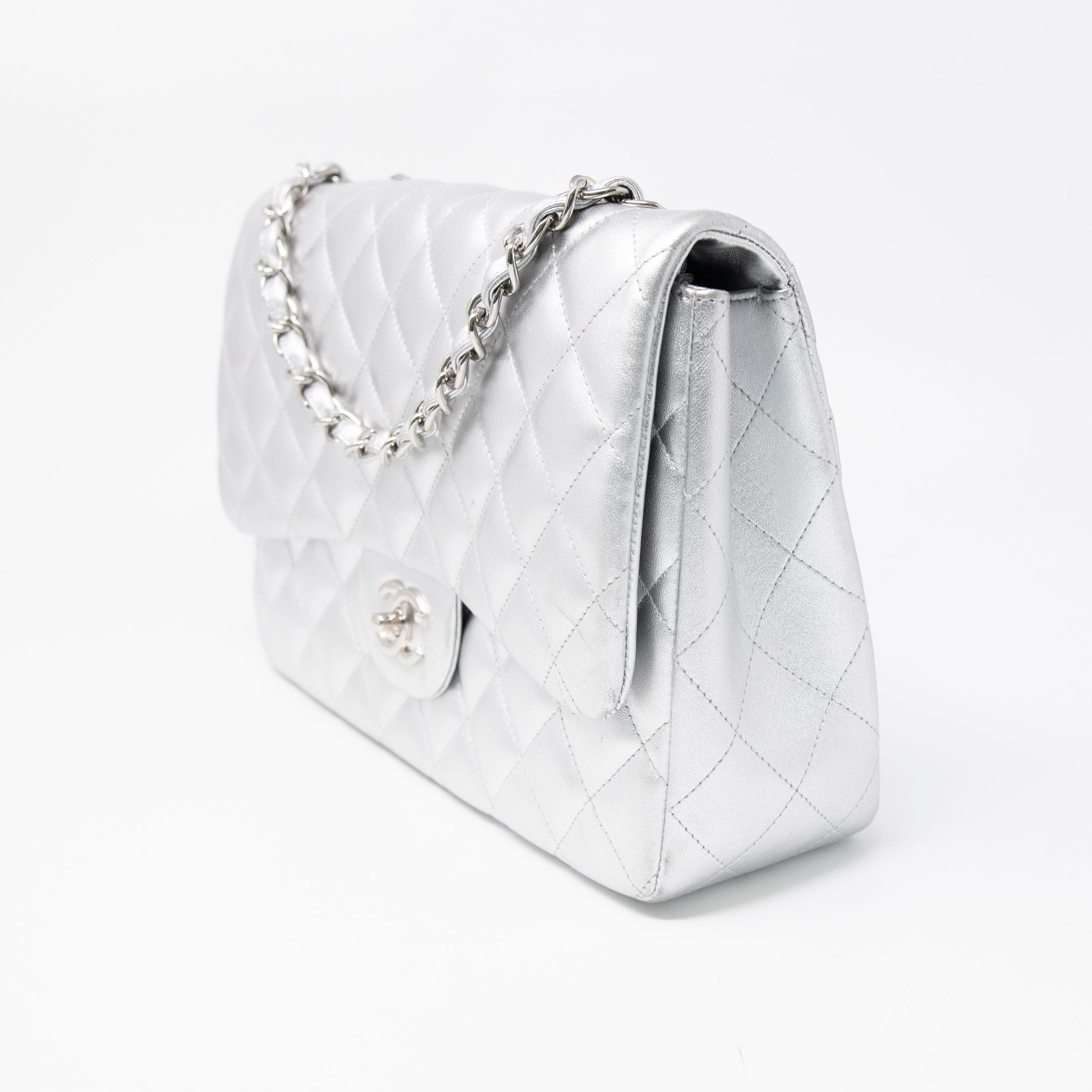Chanel Metallic Silver Jumbo Flap
