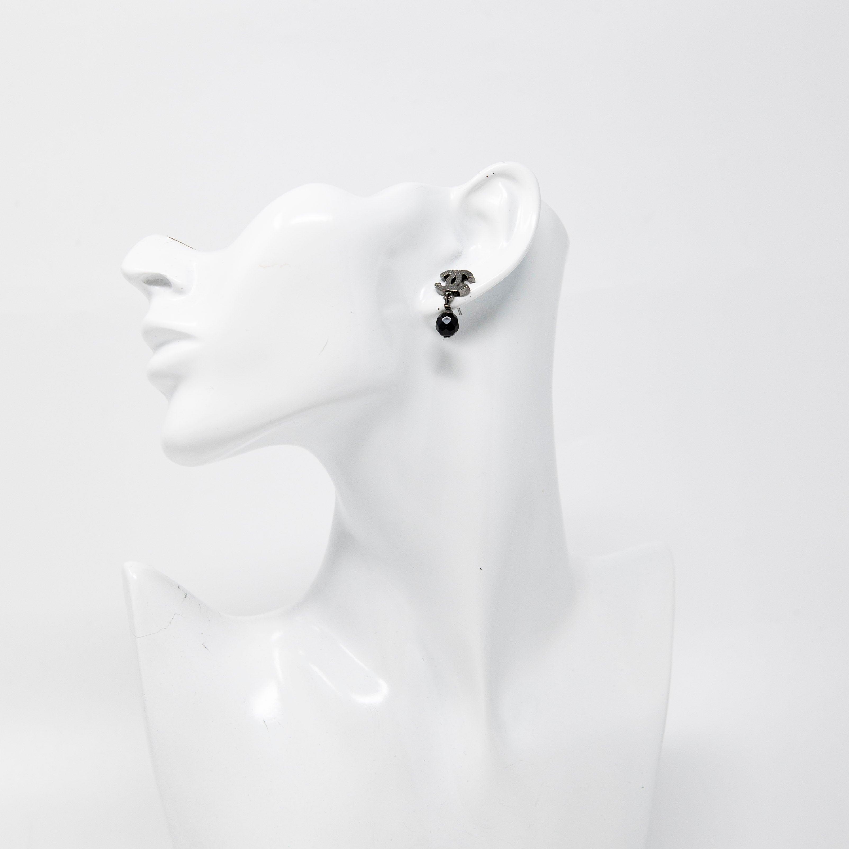 Chanel Black Bead CC Drop Earrings