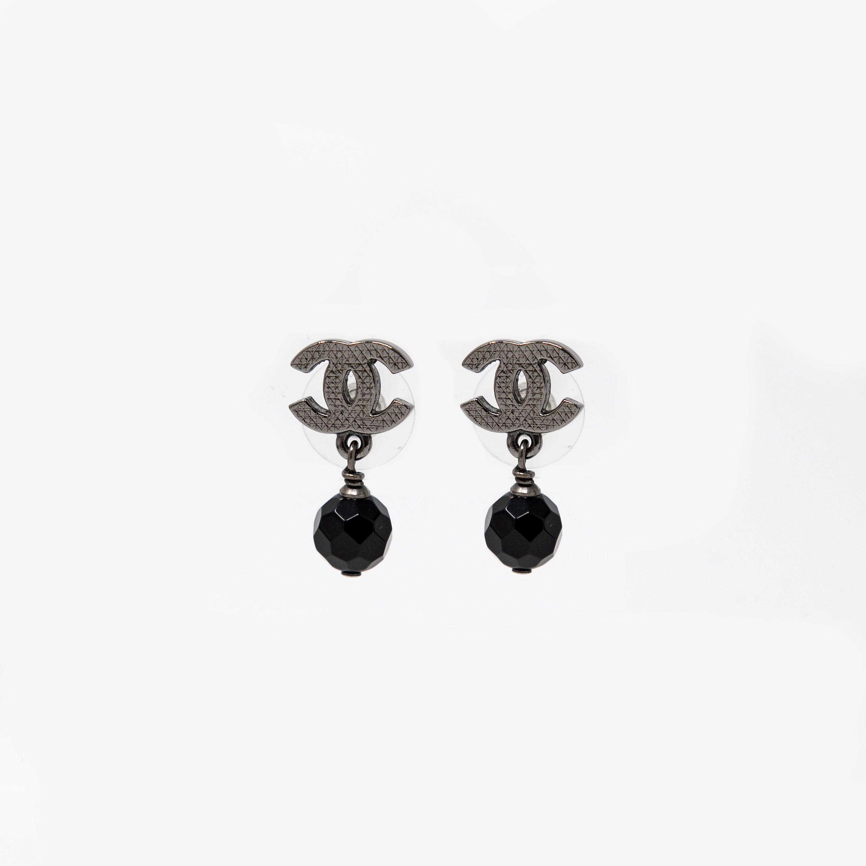 Chanel Black Bead CC Drop Earrings