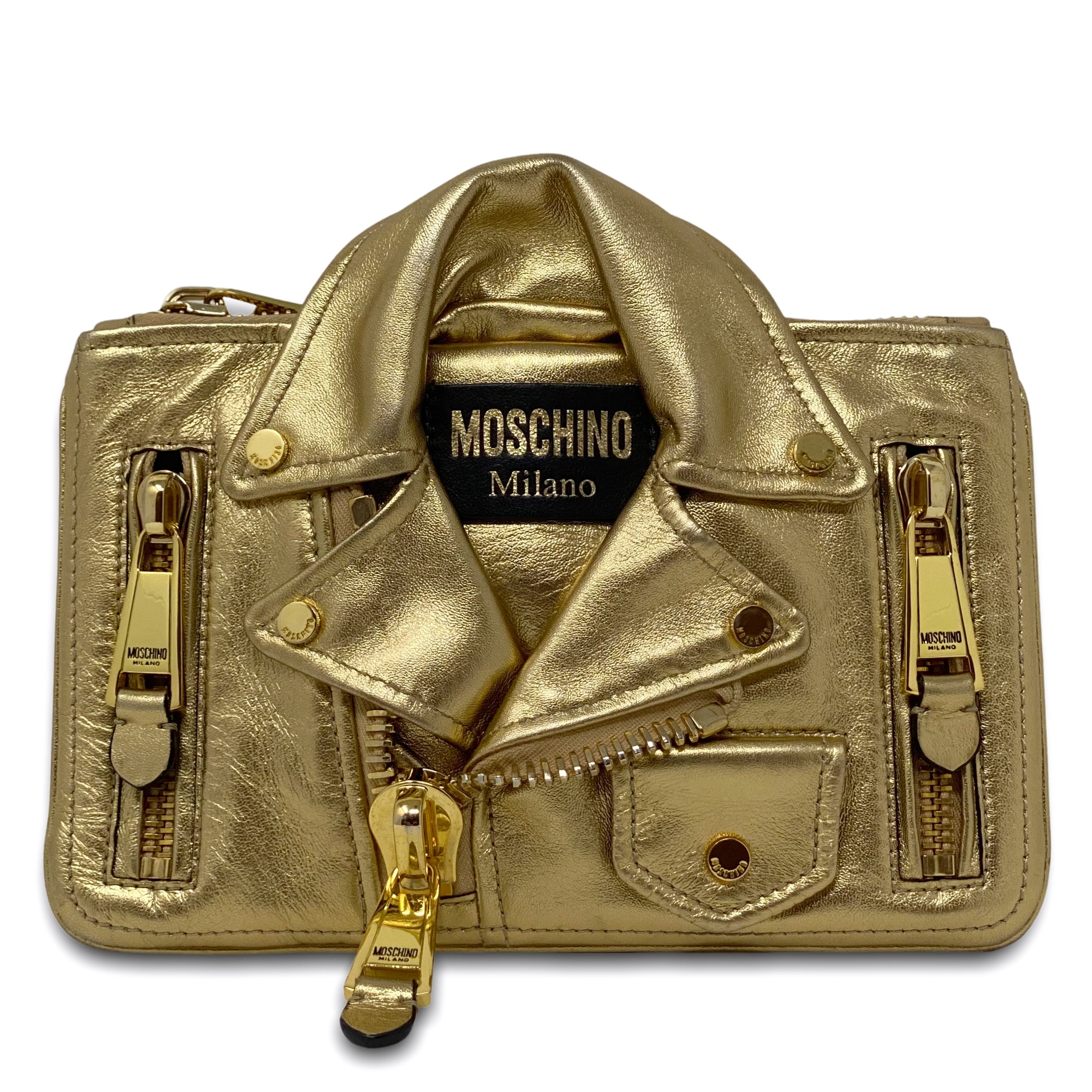 Moschino Metallic Gold Biker Jacket Clutch