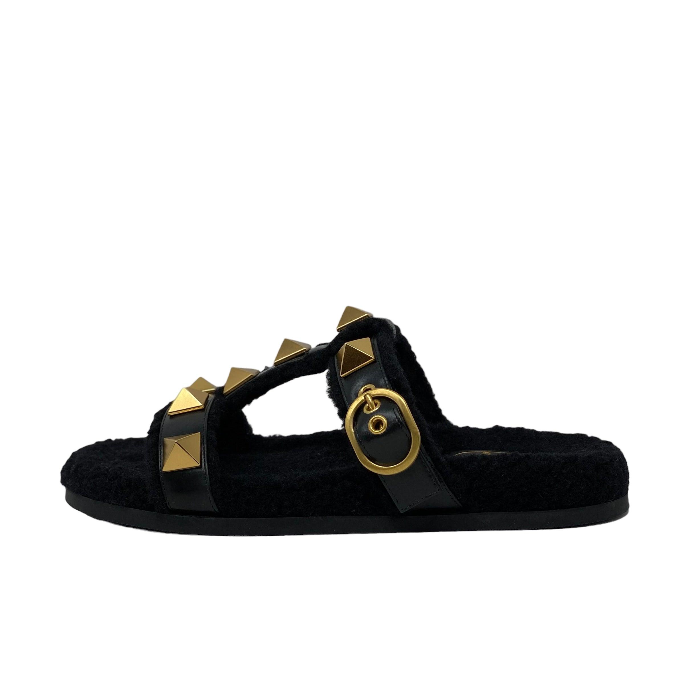 Valentino Black Shearling Roman Slides 39