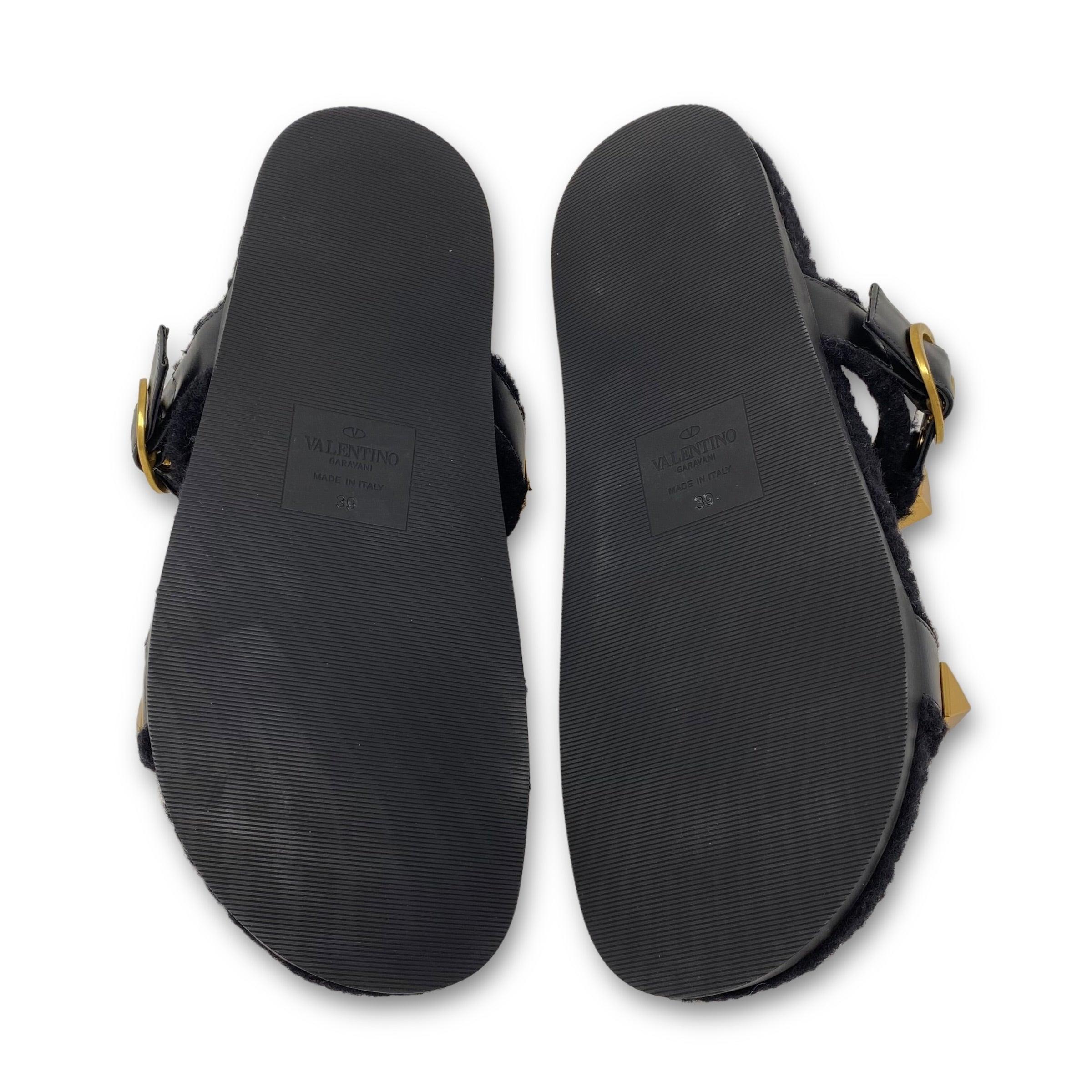 Valentino Black Shearling Roman Slides 39