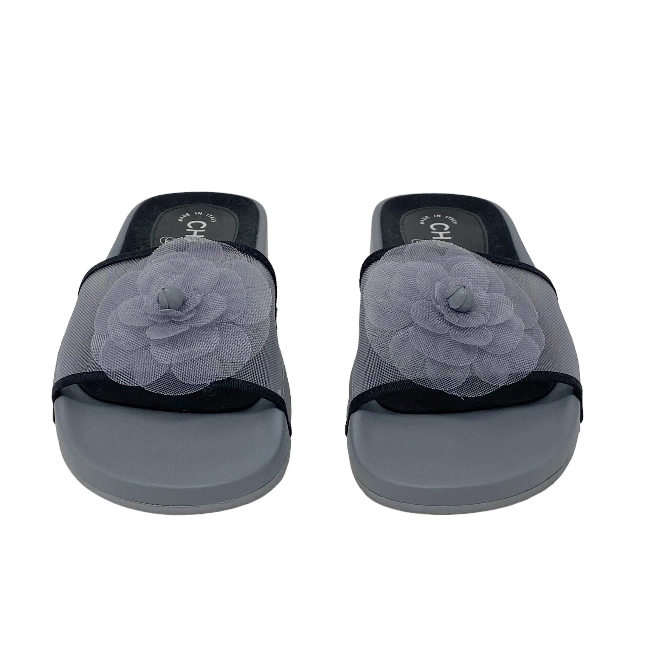 Chanel Gray Mesh Camellia Slides 36