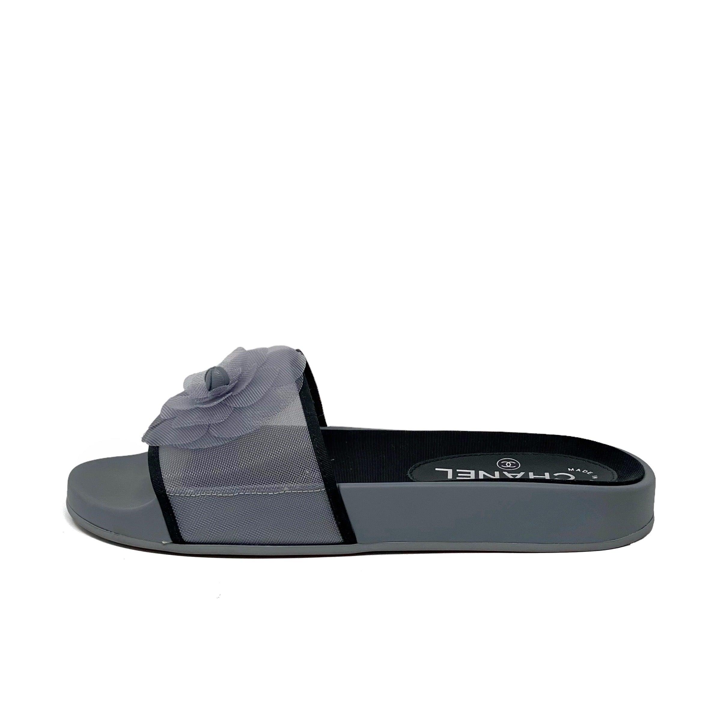 Chanel Gray Mesh Camellia Slides 36