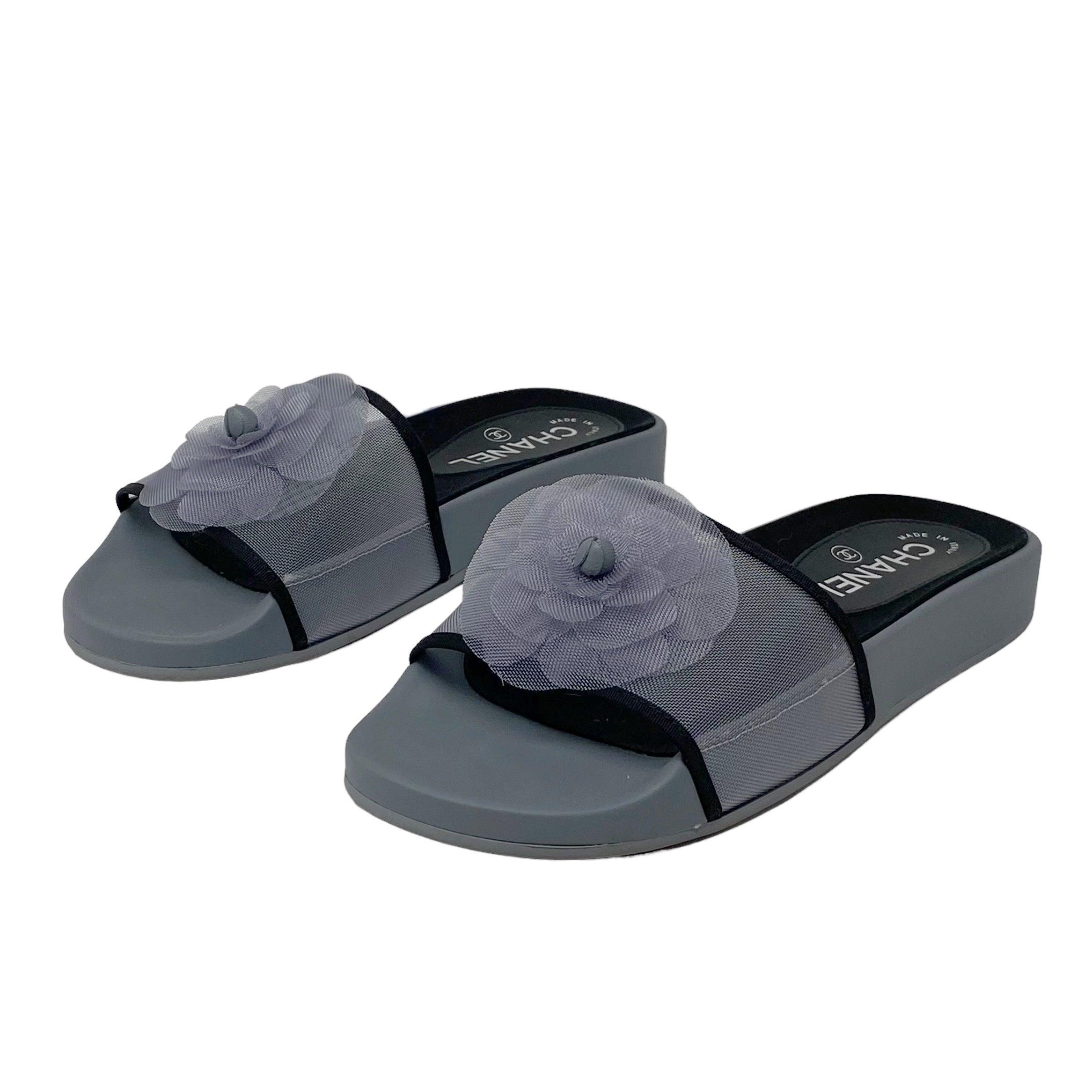 Chanel Gray Mesh Camellia Slides 36