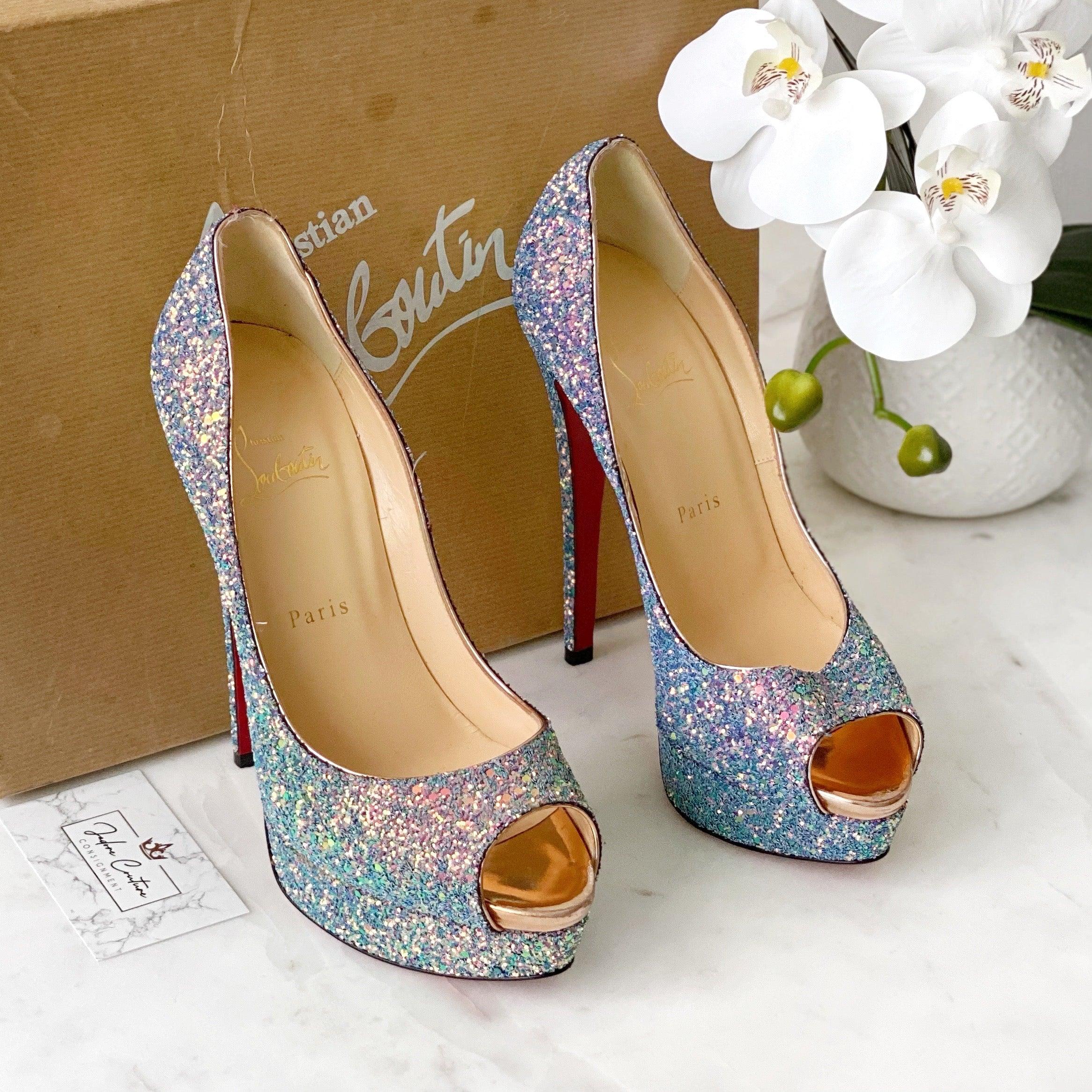 Christian Louboutin Dragonfly Glitter Lady Peep Pumps 38.5