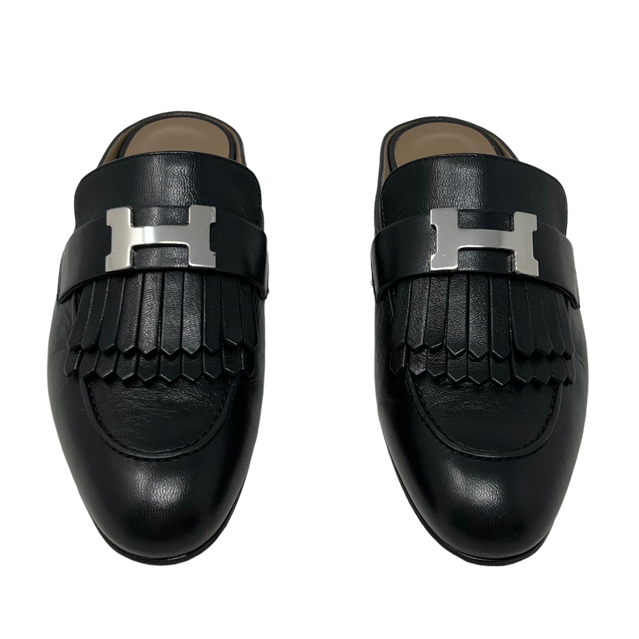 Hermes Noir Goatskin Rivoli Mules 36