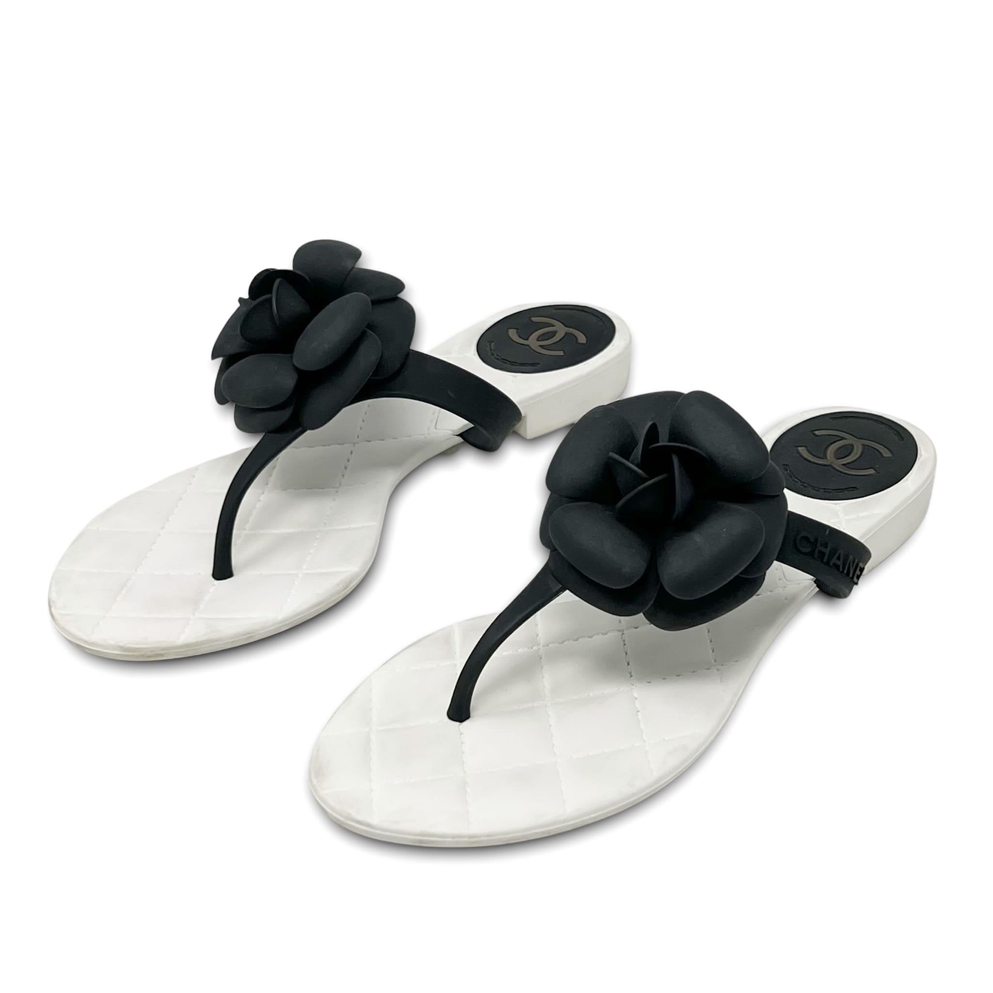 Chanel Black Camellia Rubber Sandals 38