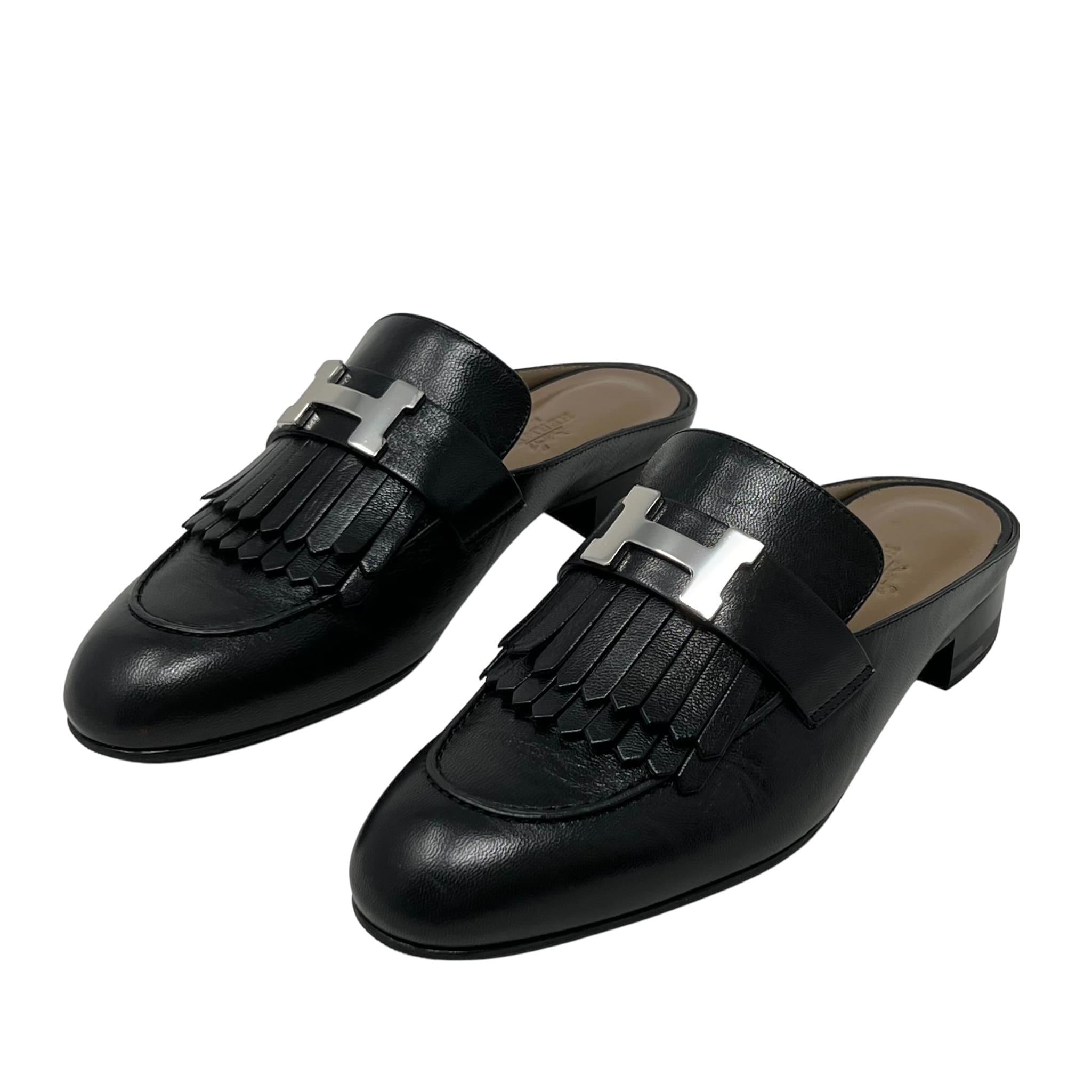 Hermes Noir Goatskin Rivoli Mules 36
