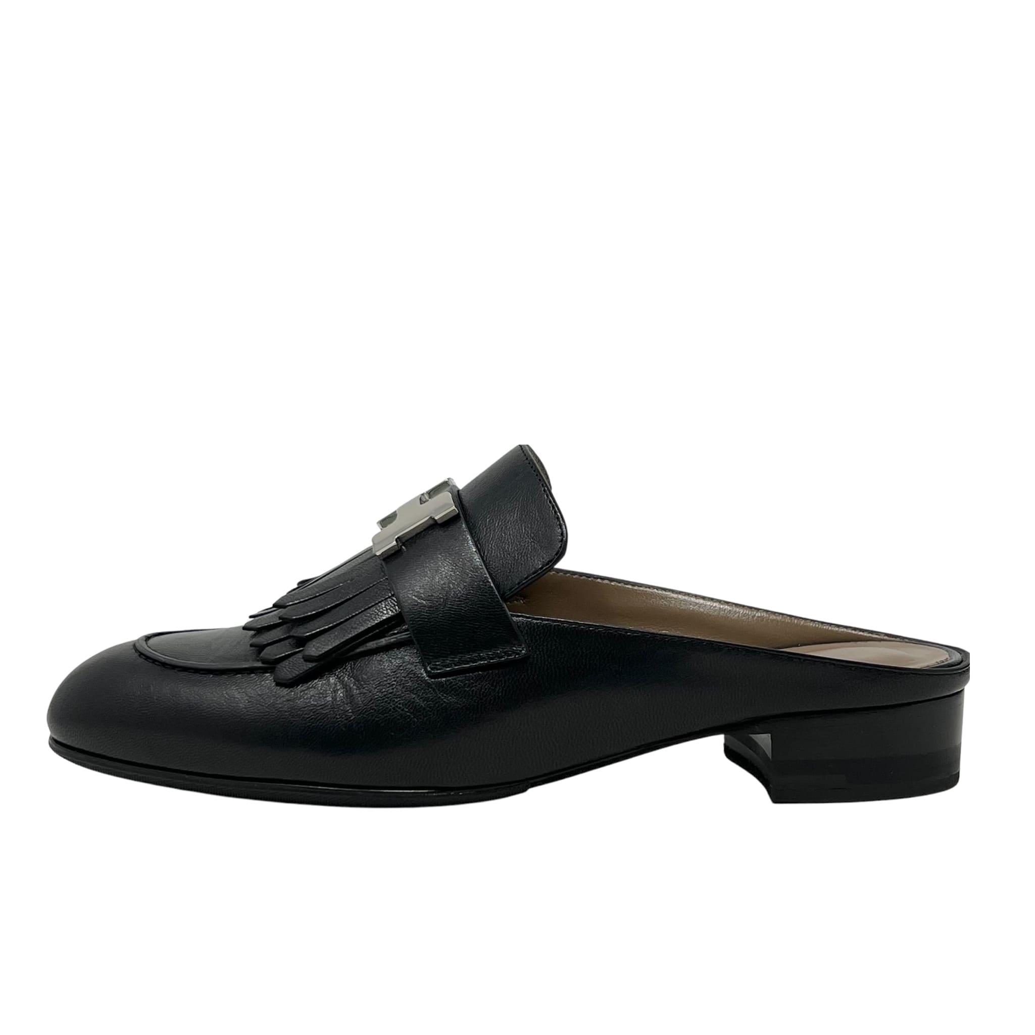 Hermes Noir Goatskin Rivoli Mules 36