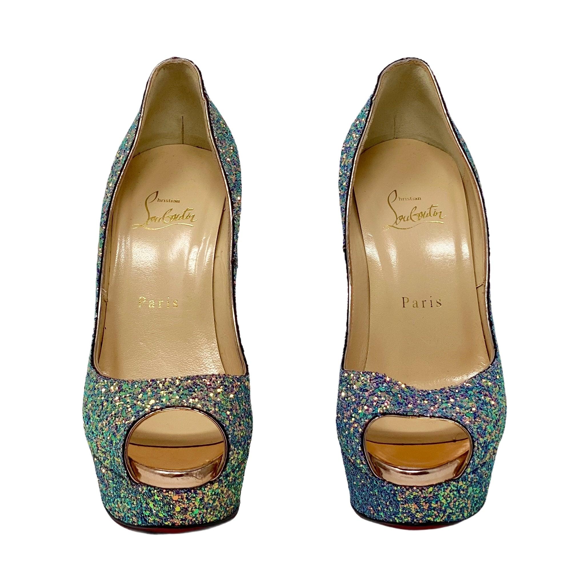 Christian Louboutin Dragonfly Glitter Lady Peep Pumps 38.5