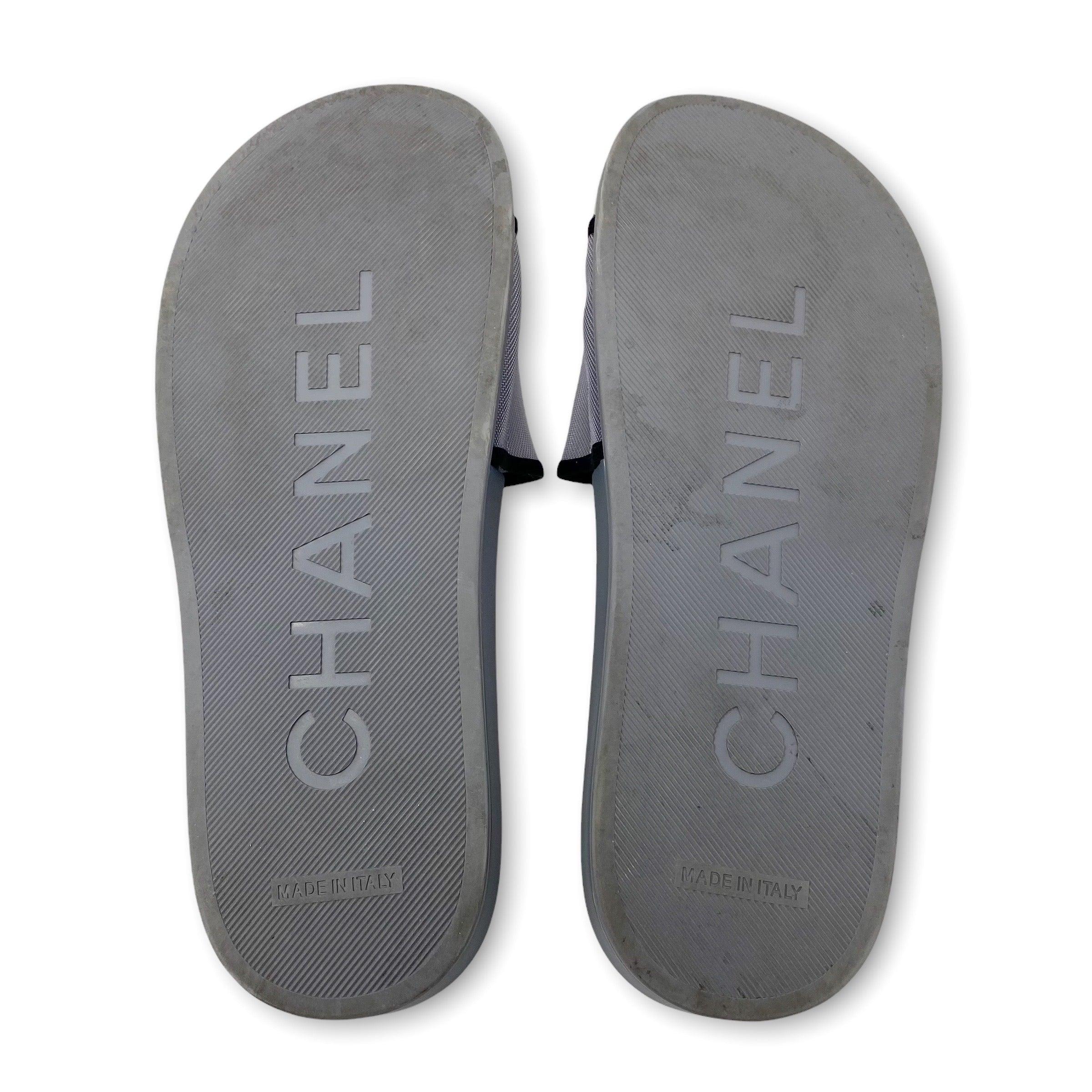 Chanel Gray Mesh Camellia Slides 36