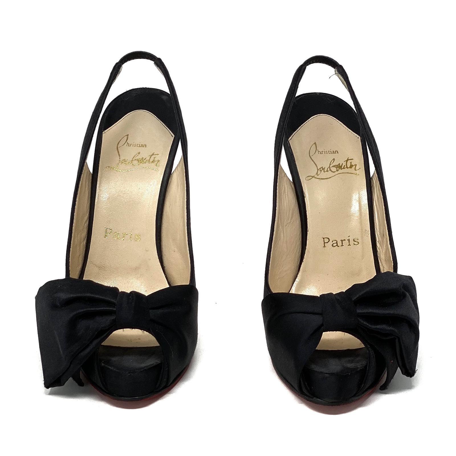 Christian Louboutin Black Satin Sling Back Pumps 37