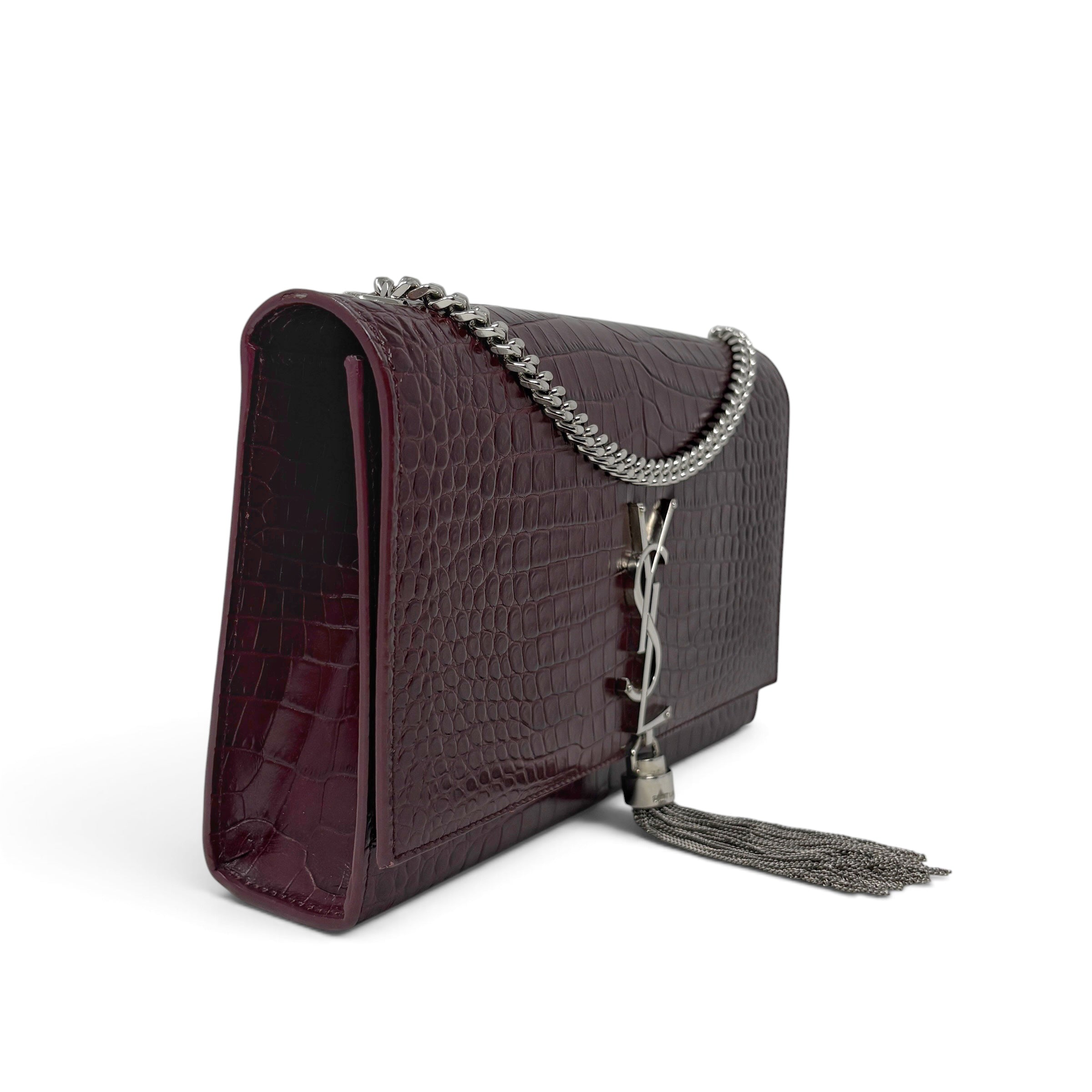 Saint Laurent Burgundy Croc Medium Kate Tassel Bag