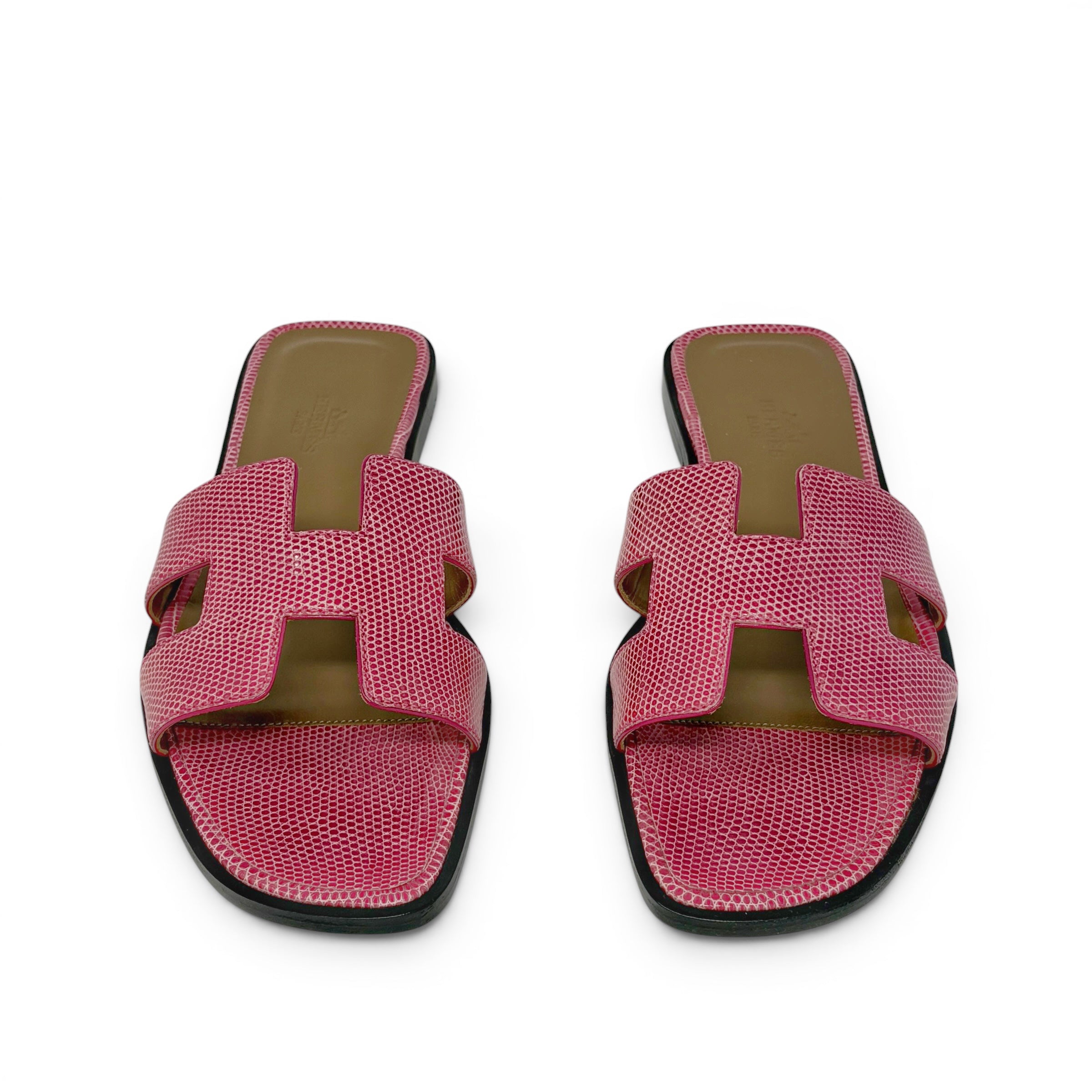 Hermes Rose Lizard Oran Sandals 36