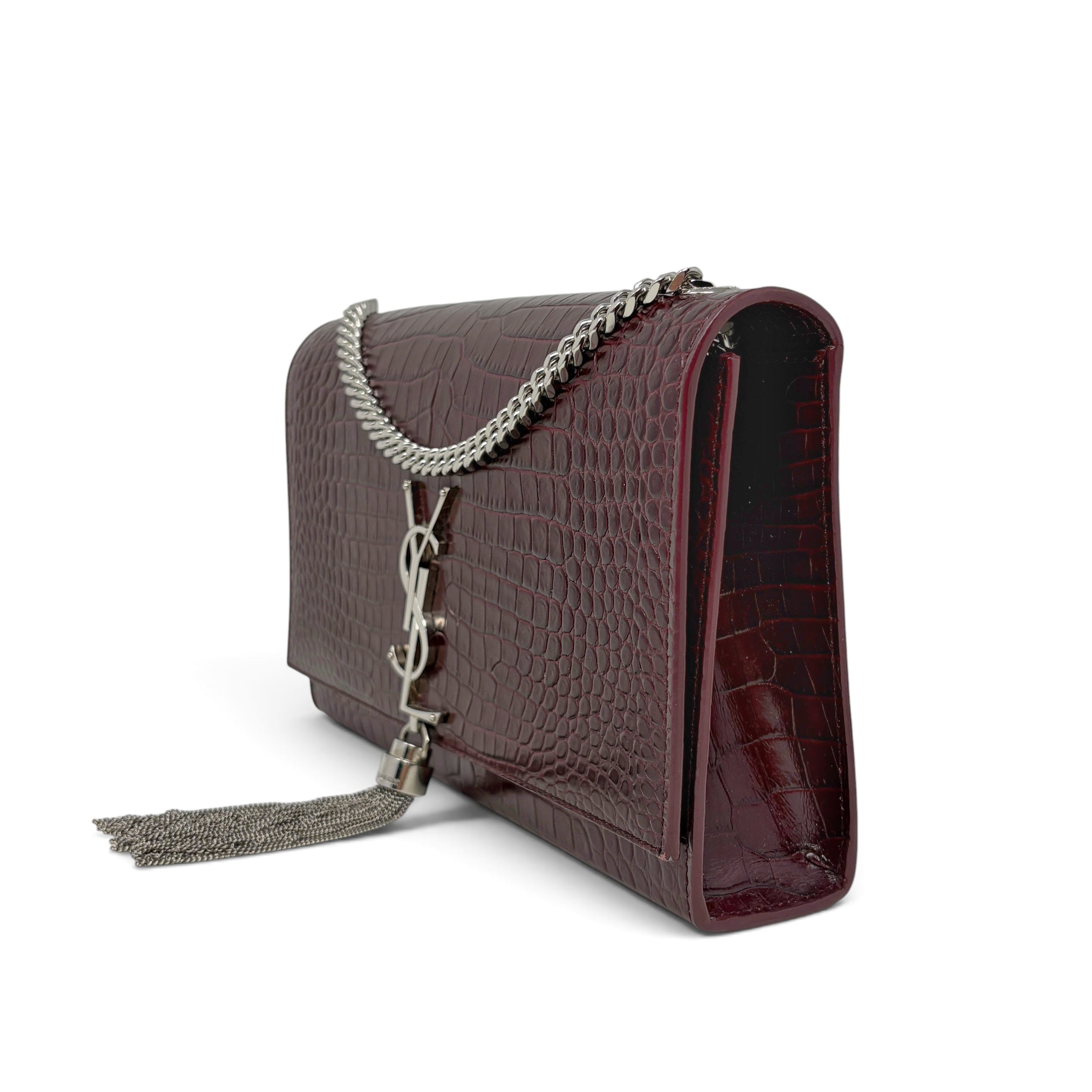 Saint Laurent Burgundy Croc Medium Kate Tassel Bag