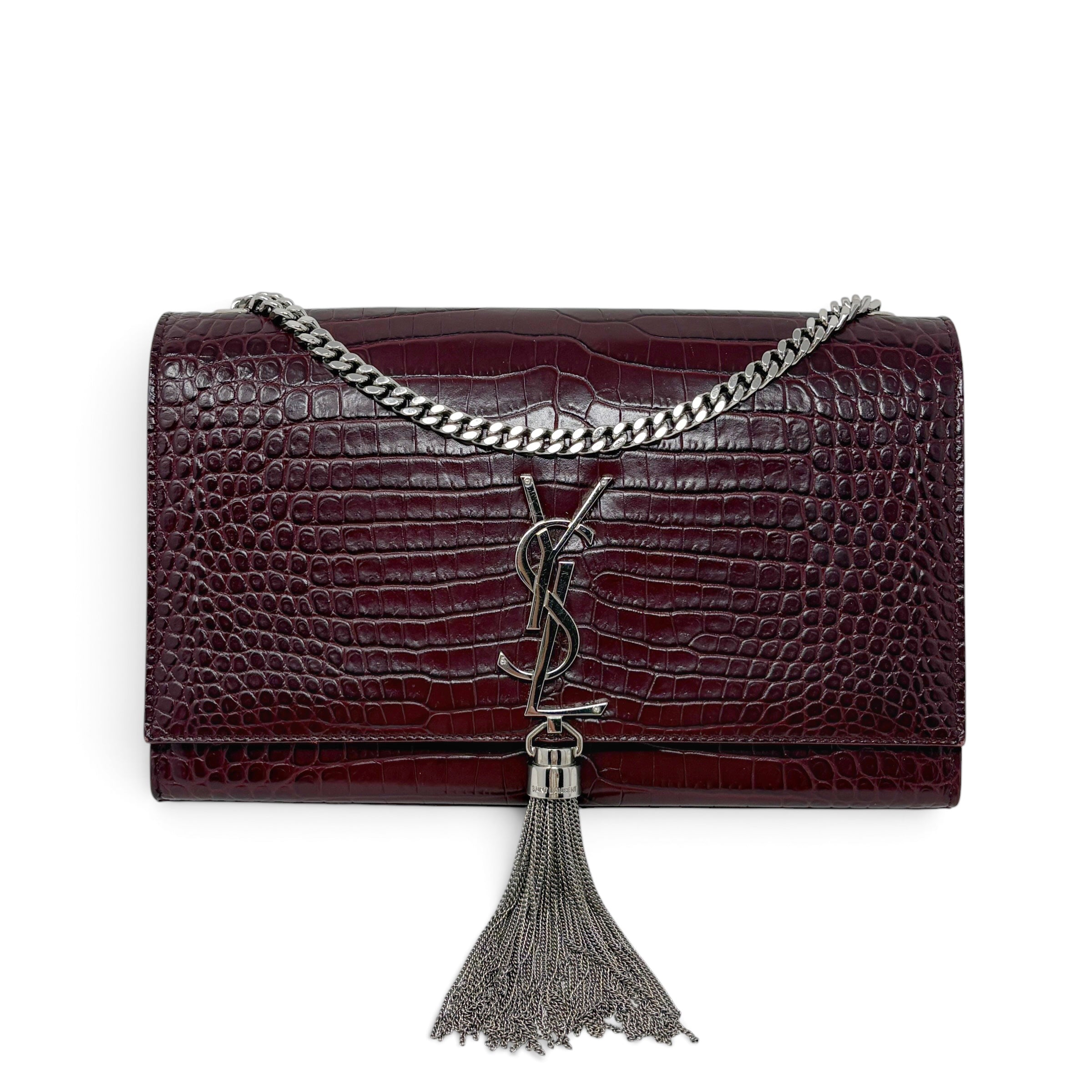 Saint Laurent Burgundy Croc Medium Kate Tassel Bag