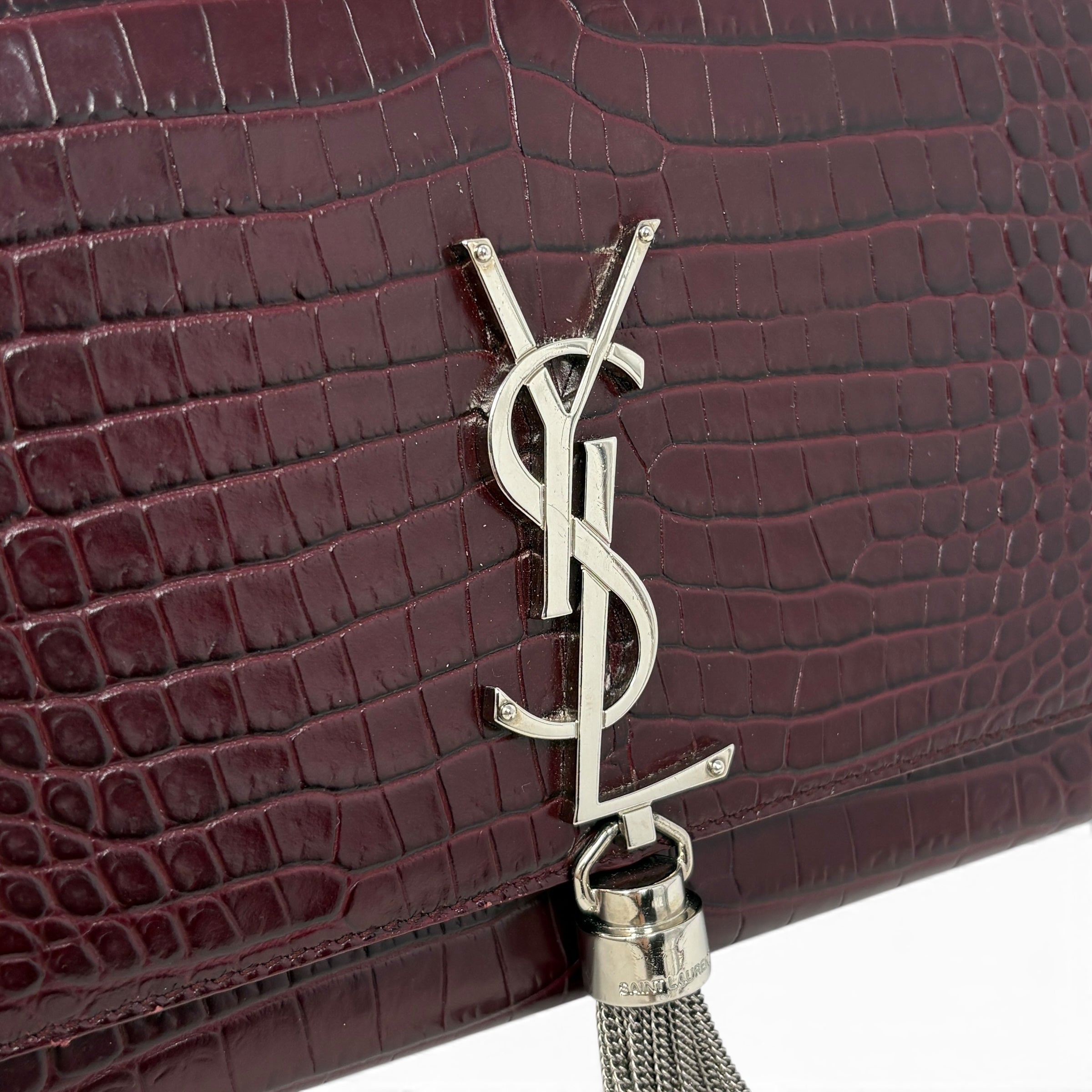 Saint Laurent Burgundy Croc Medium Kate Tassel Bag