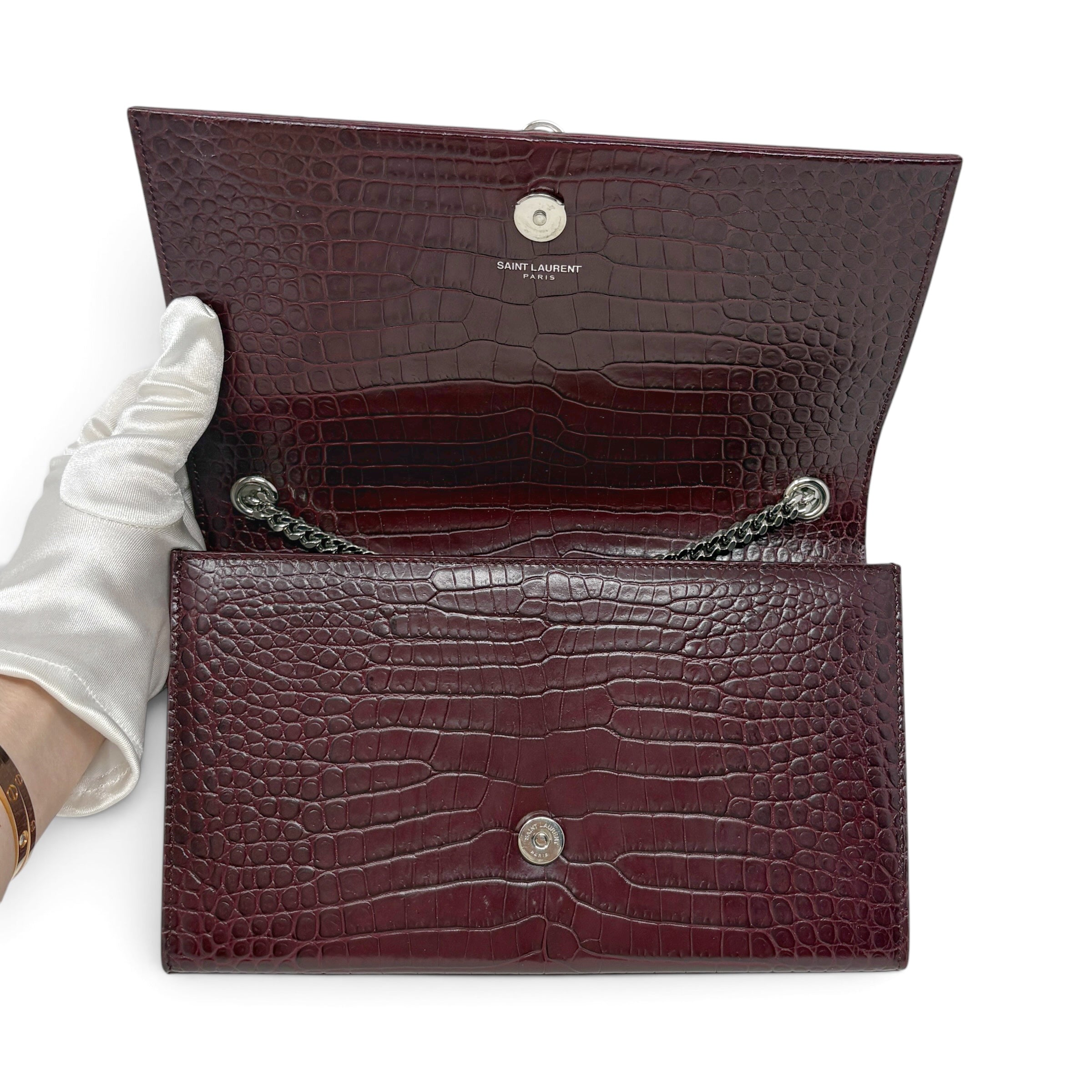 Saint Laurent Burgundy Croc Medium Kate Tassel Bag