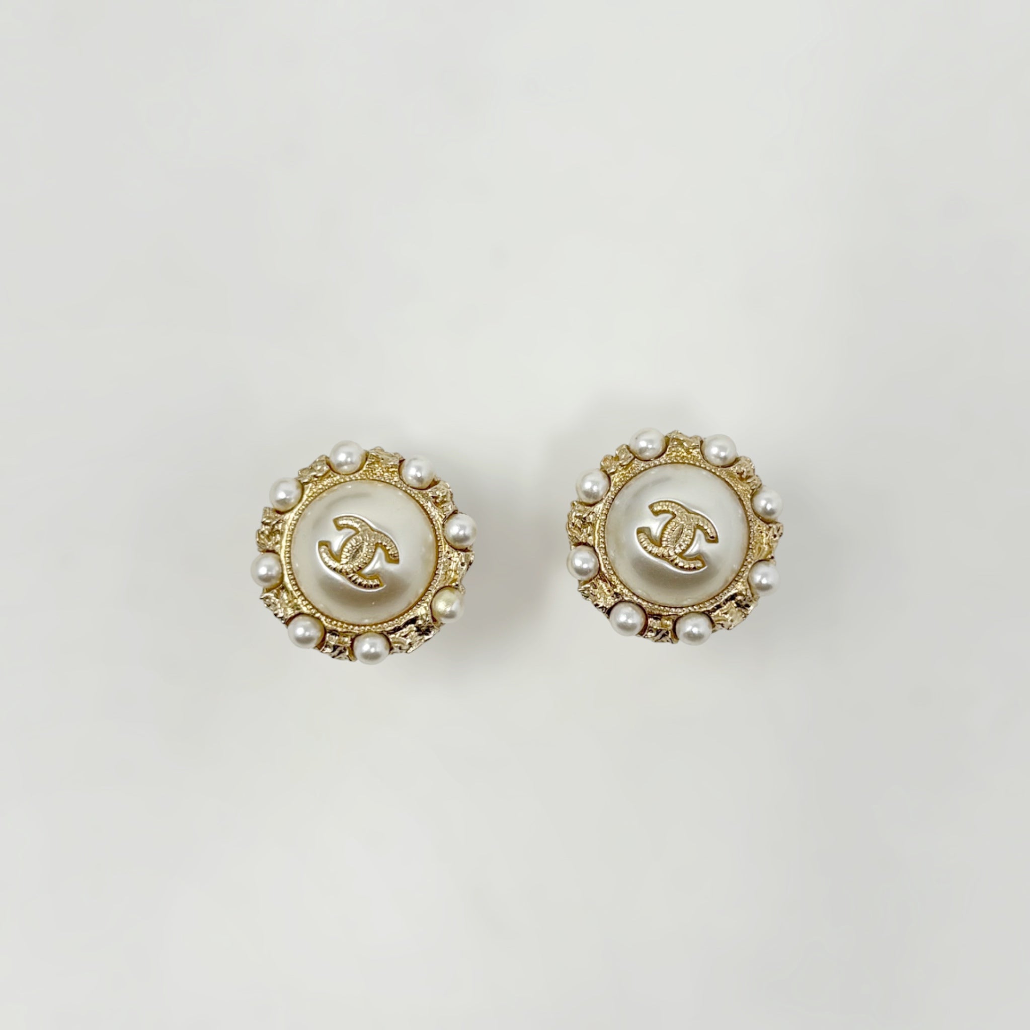 Chanel Gold Round Pearl Stud Earrings