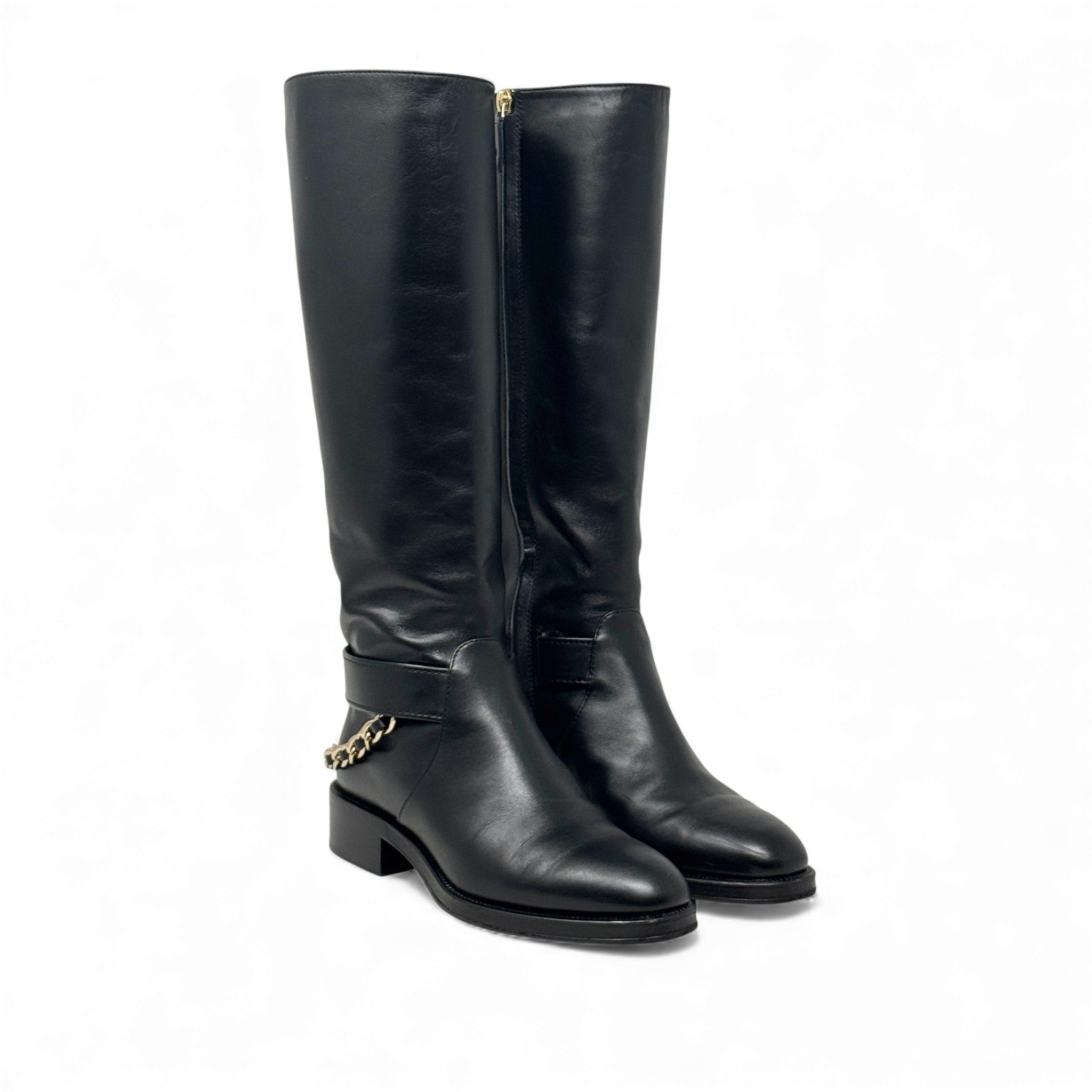 Chanel Black CC Chain Riding Boots 36.5