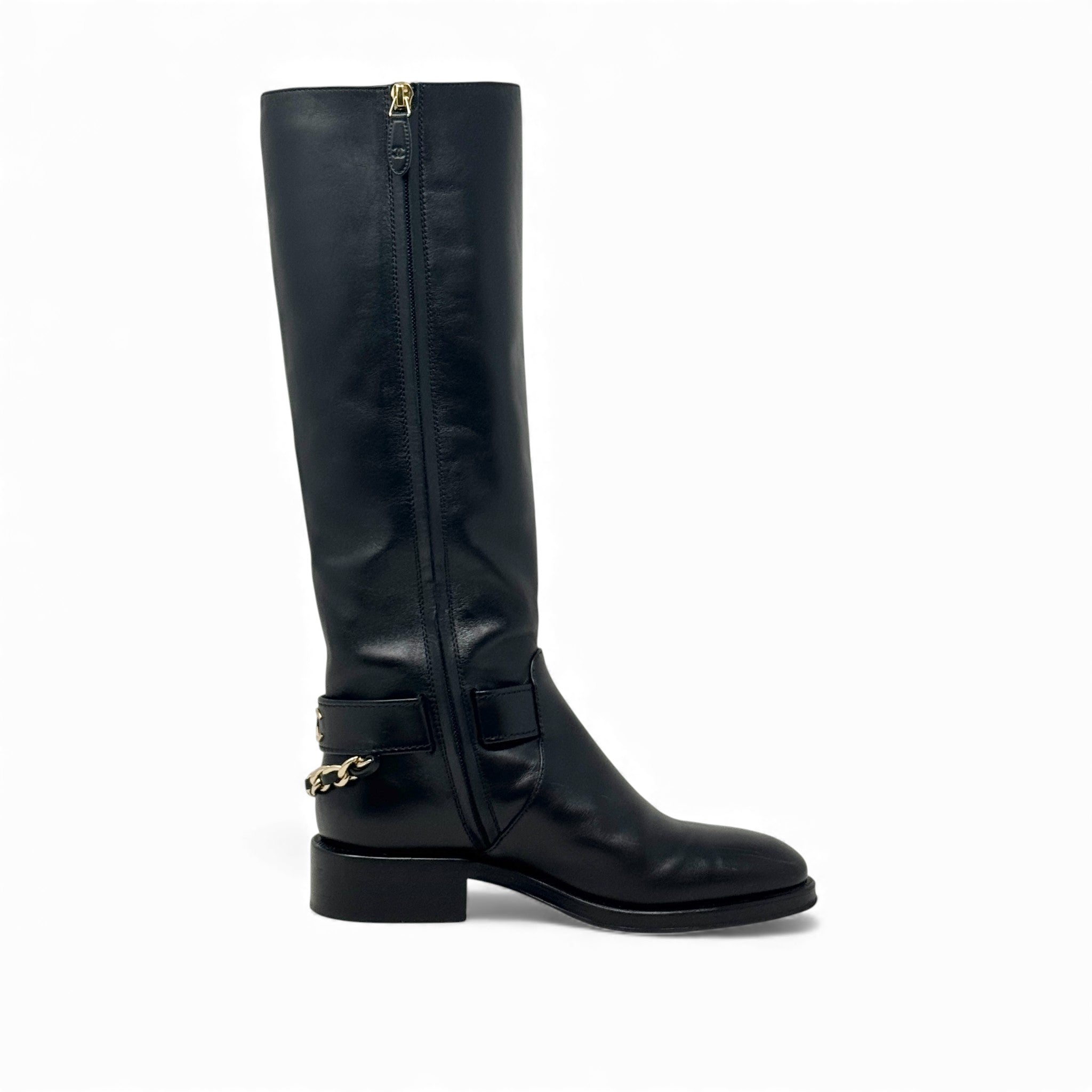 Chanel Black CC Chain Riding Boots 36.5