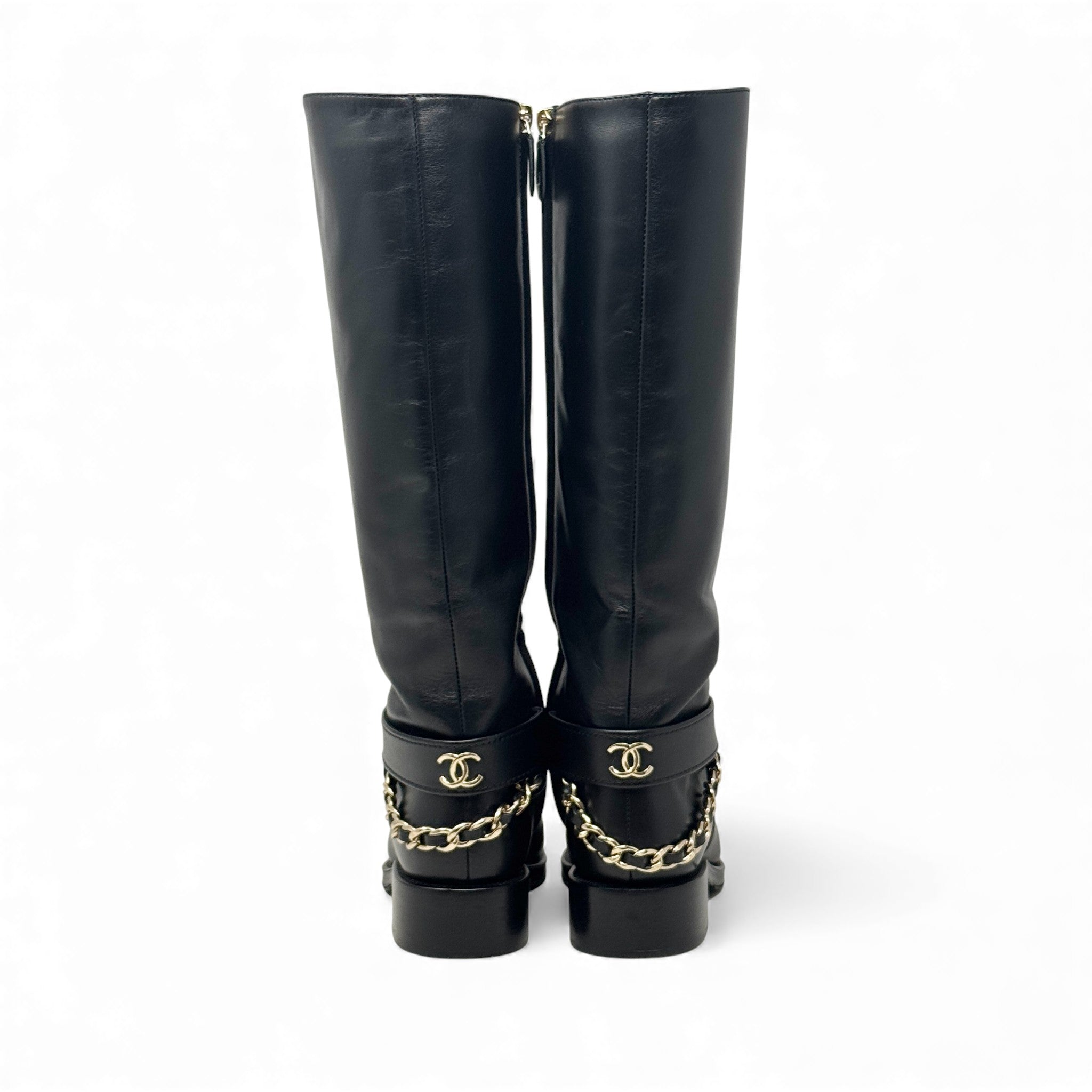 Chanel Black CC Chain Riding Boots 36.5