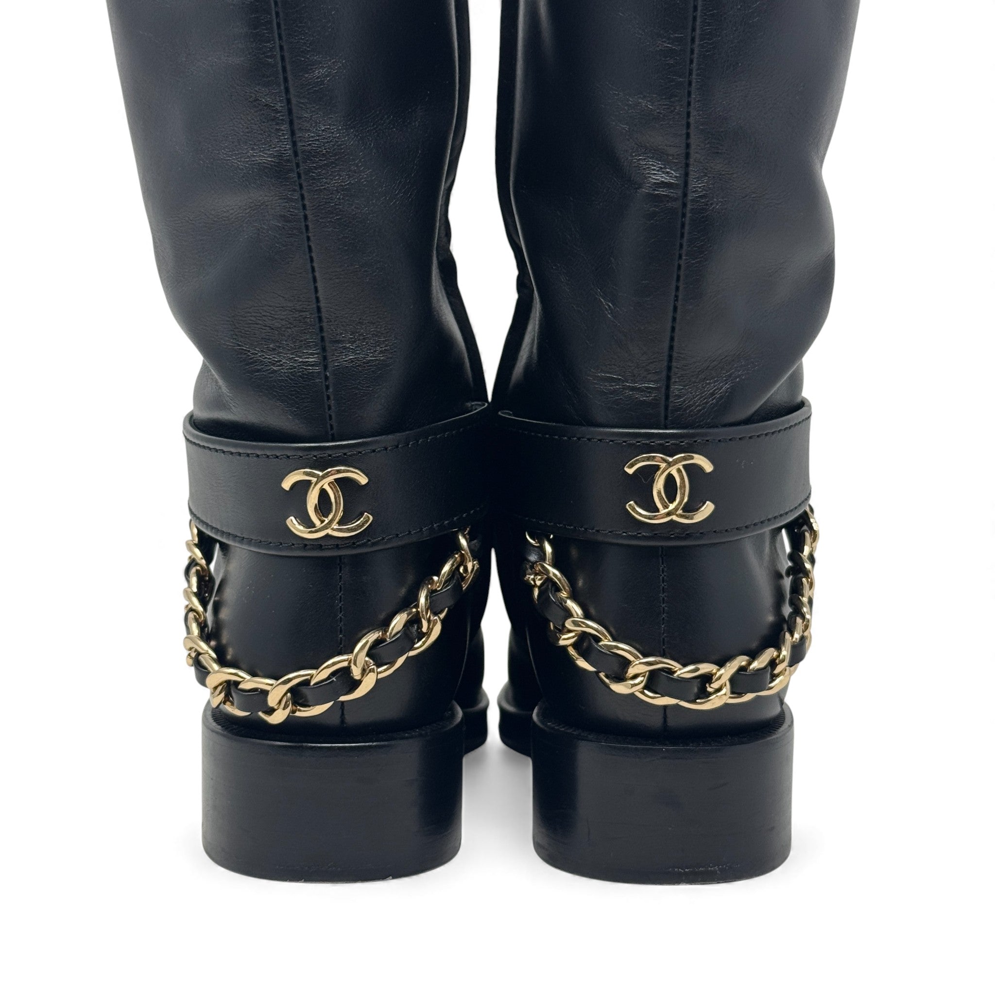 Chanel Black CC Chain Riding Boots 36.5