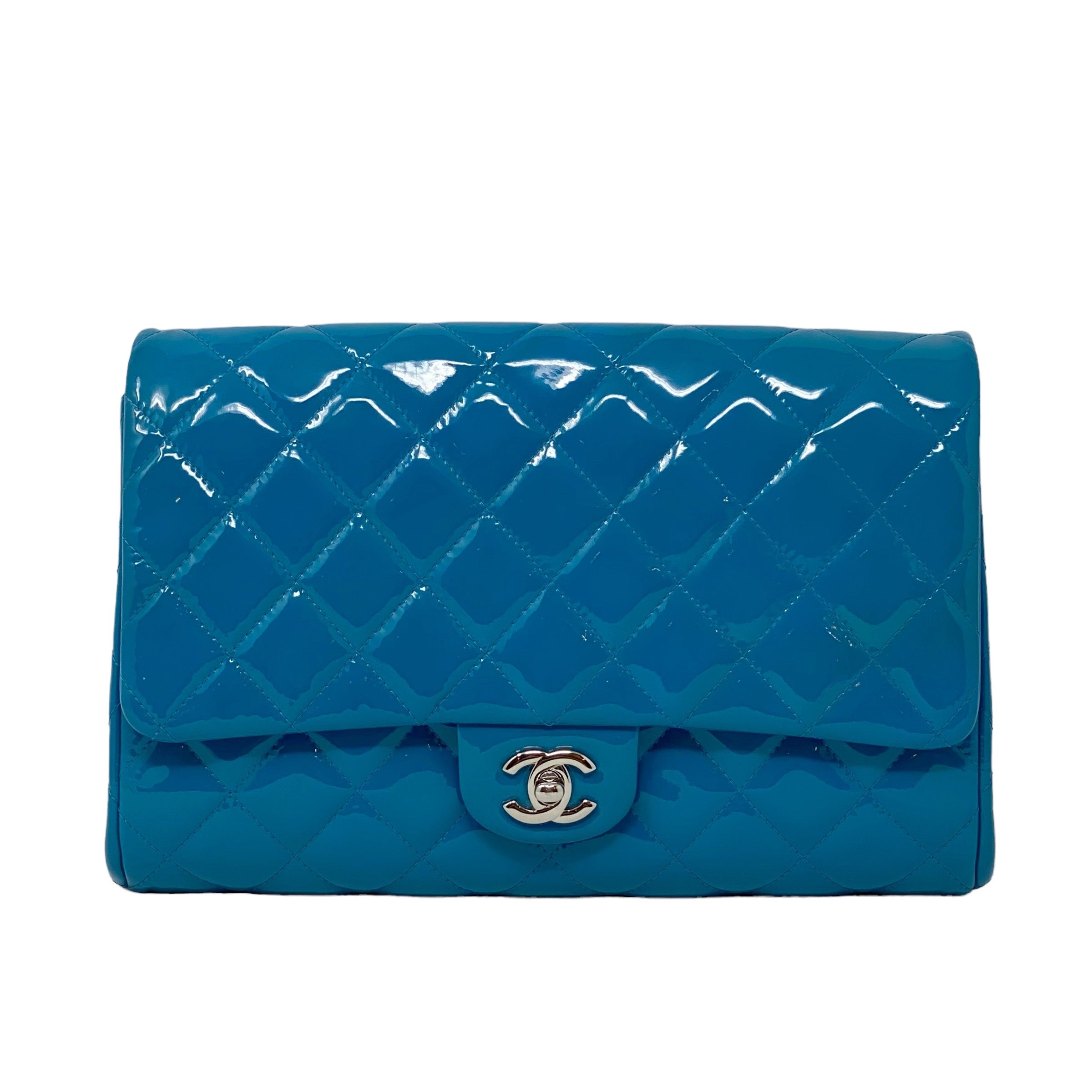 Chanel Blue Patent Classic Clutch With Chain