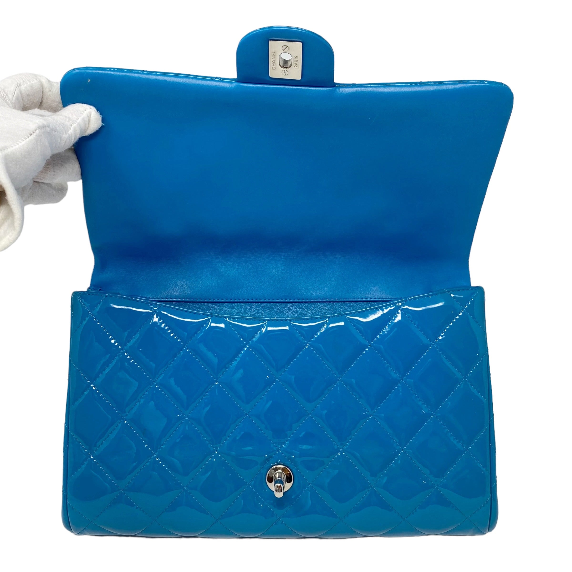 Chanel Blue Patent Classic Clutch With Chain