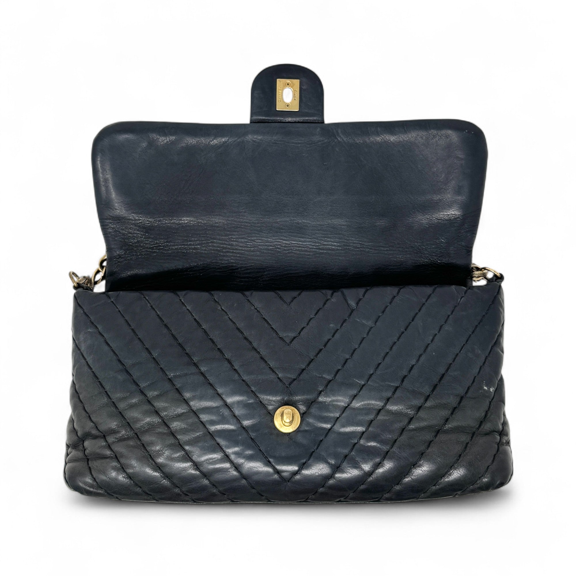 Chanel Black Chevron Large Surpique Flap