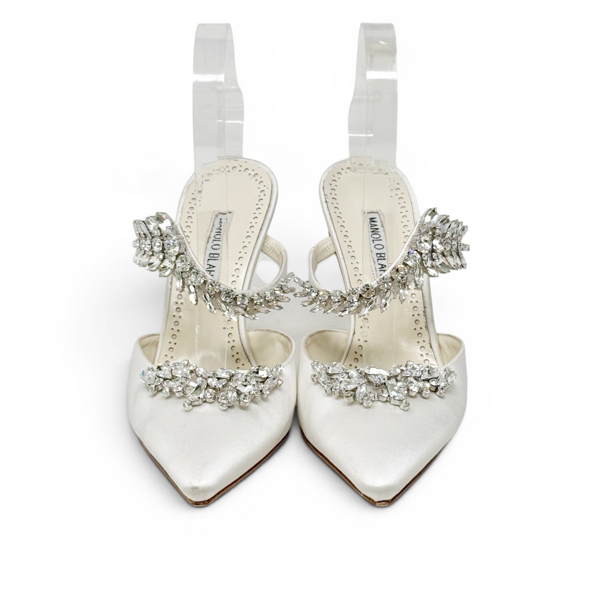 Manolo Blahnik White Satin Lurum Mules