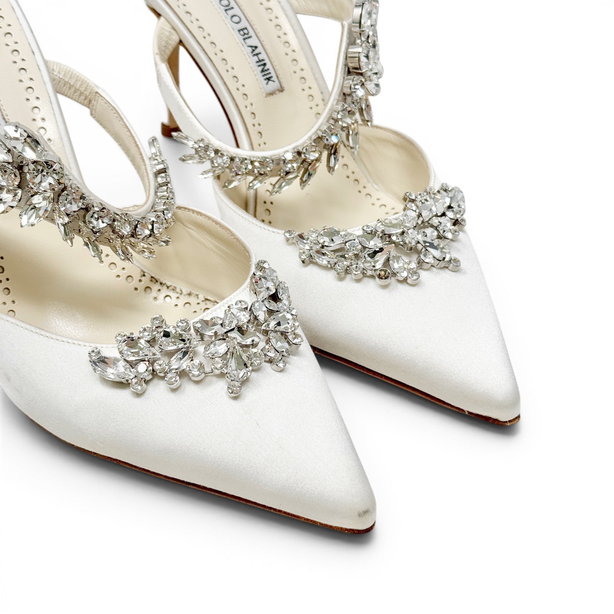 Manolo Blahnik White Satin Lurum Mules