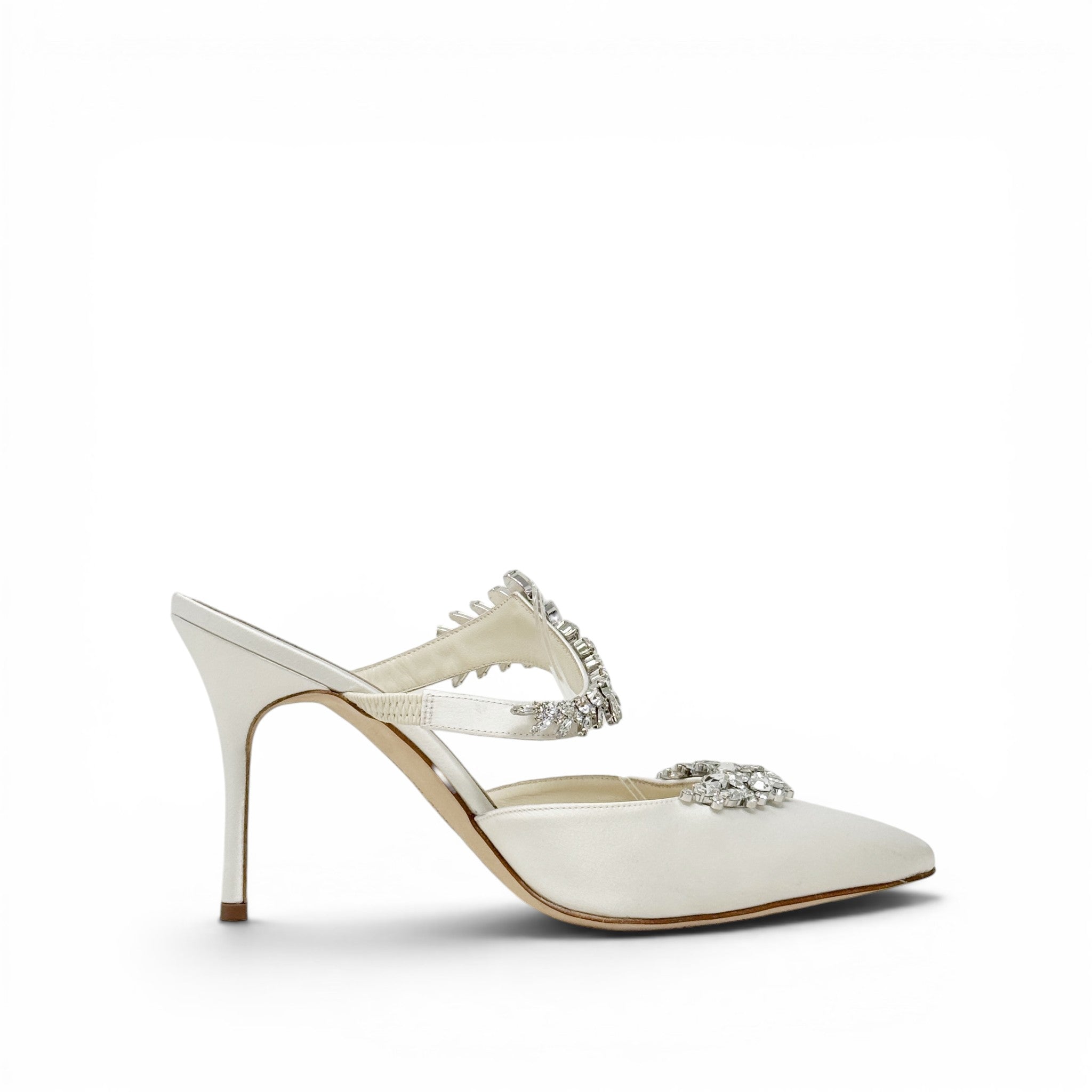 Manolo Blahnik White Satin Lurum Mules