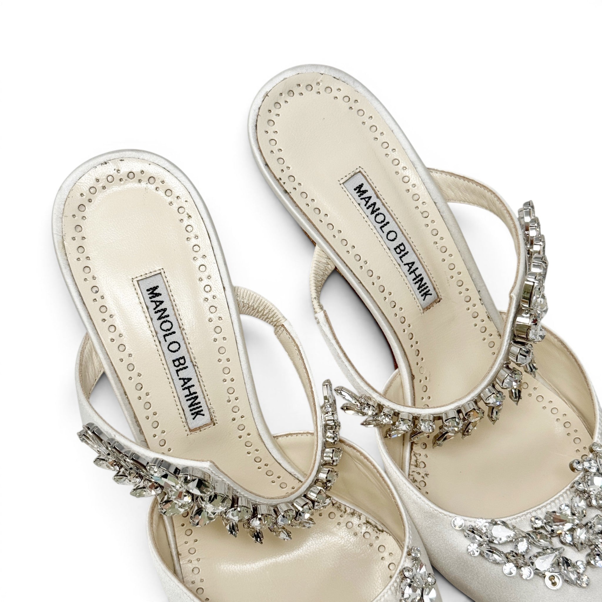 Manolo Blahnik White Satin Lurum Mules