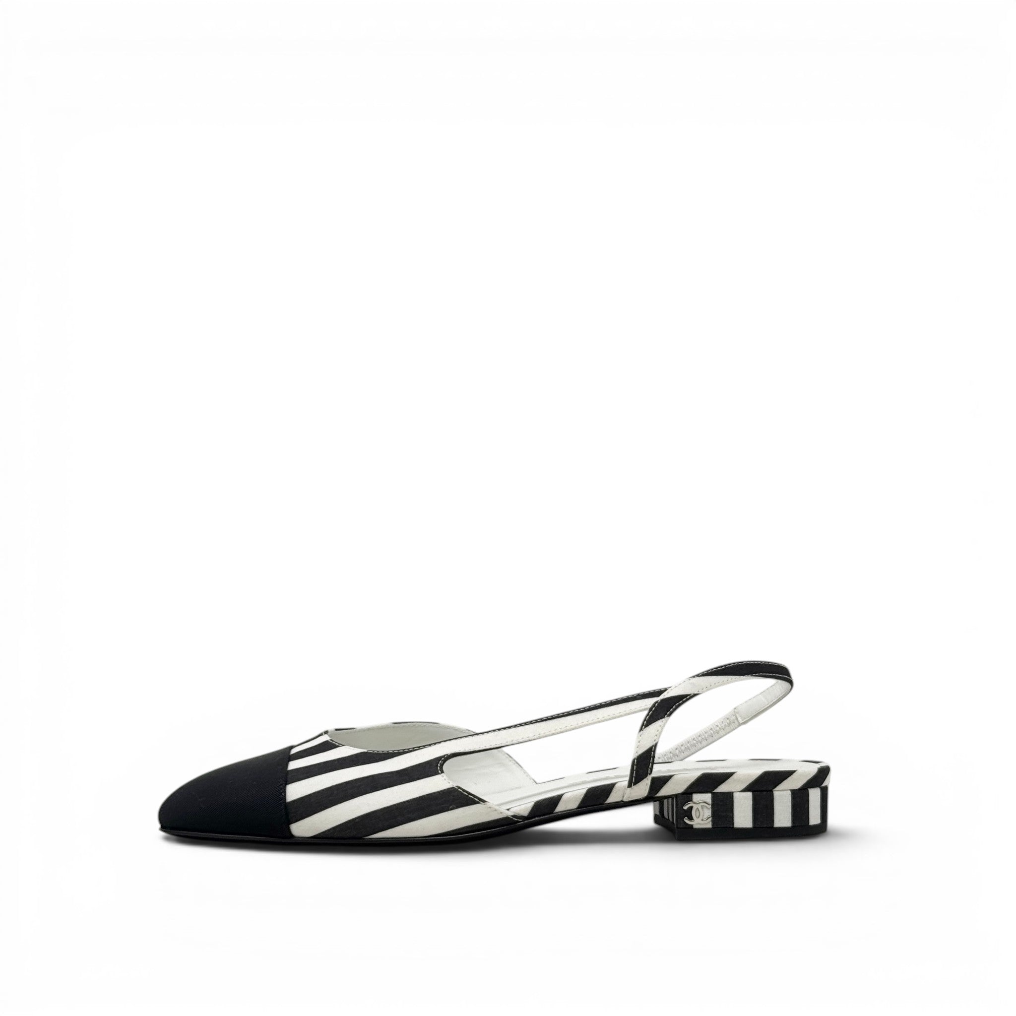 Chanel Striped Cap Toe CC Slingback Flats 37.5