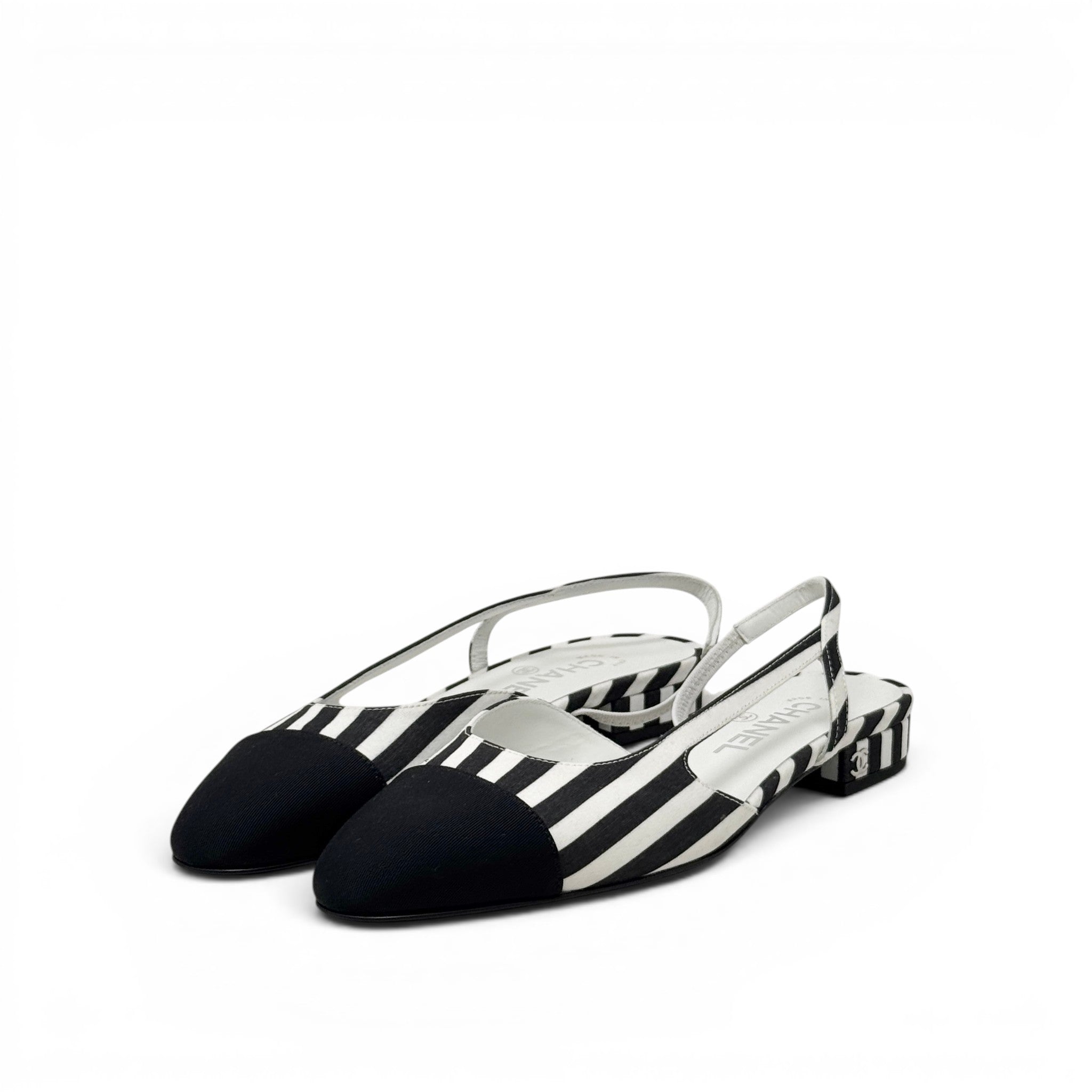 Chanel Striped Cap Toe CC Slingback Flats 37.5