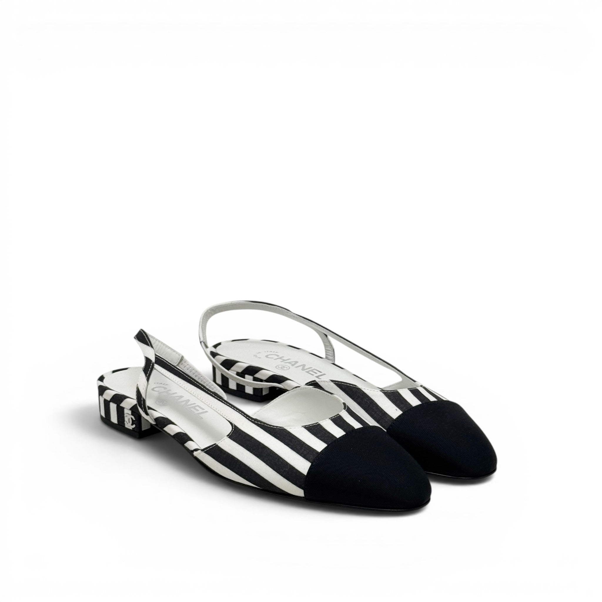 Chanel Striped Cap Toe CC Slingback Flats 37.5