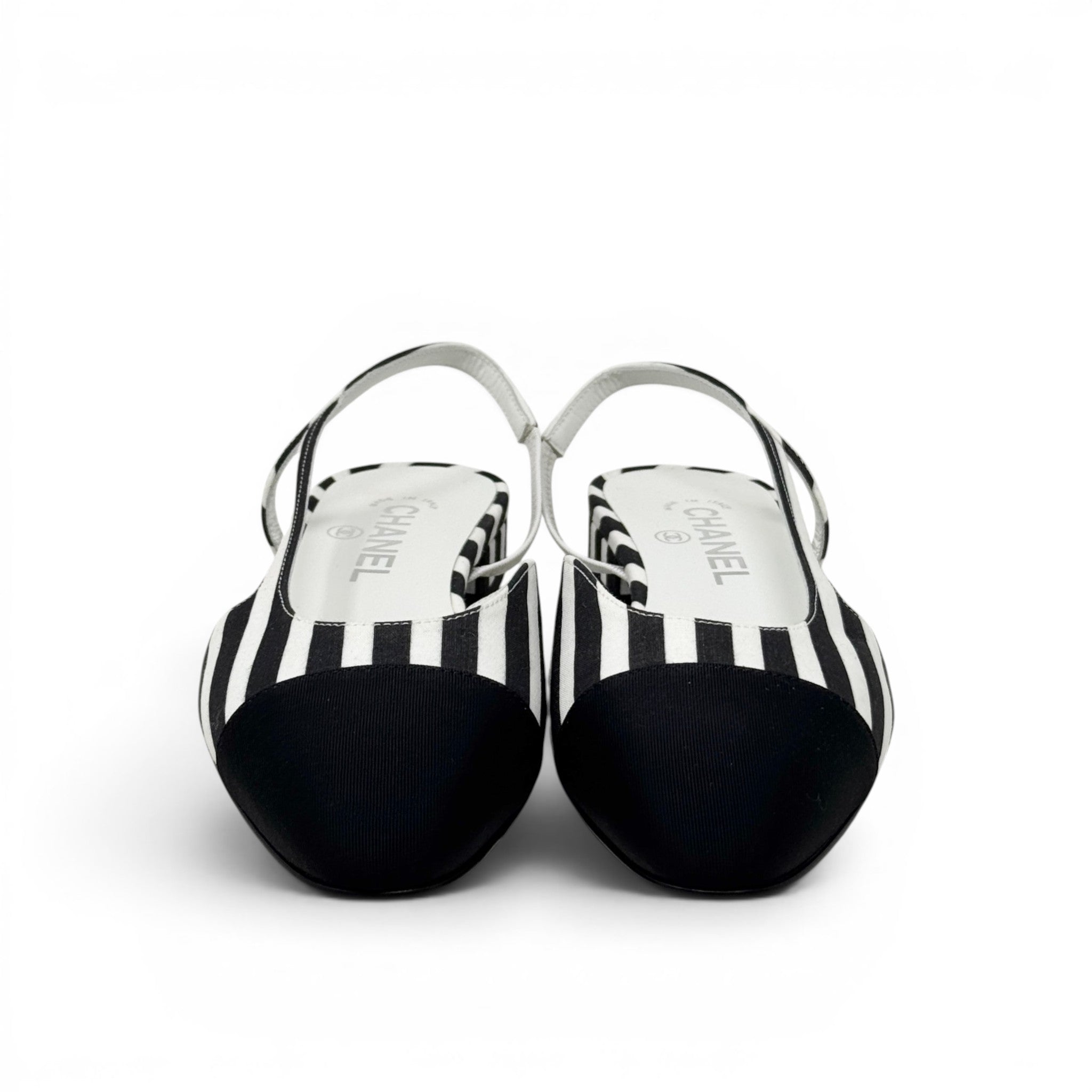 Chanel Striped Cap Toe CC Slingback Flats 37.5