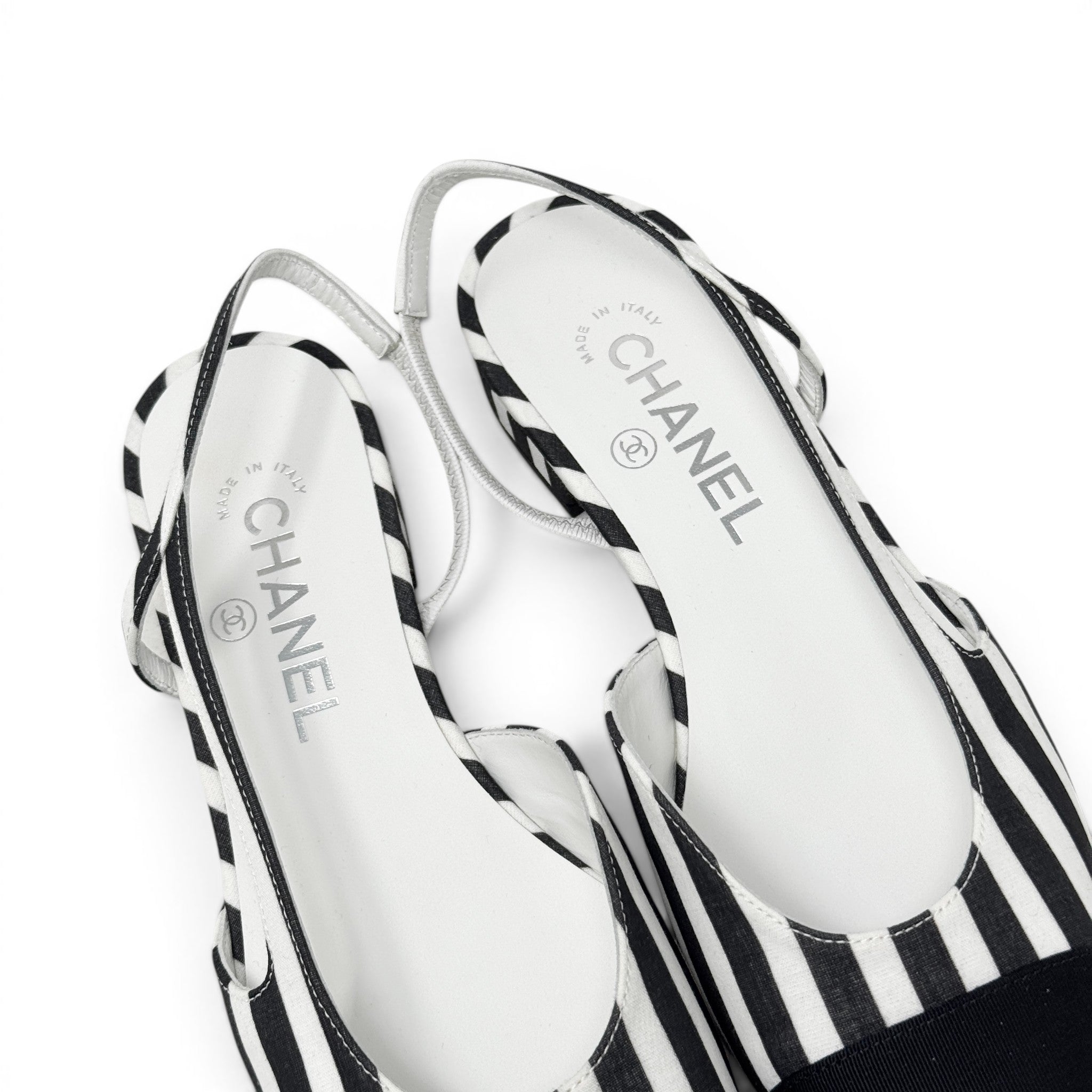 Chanel Striped Cap Toe CC Slingback Flats 37.5