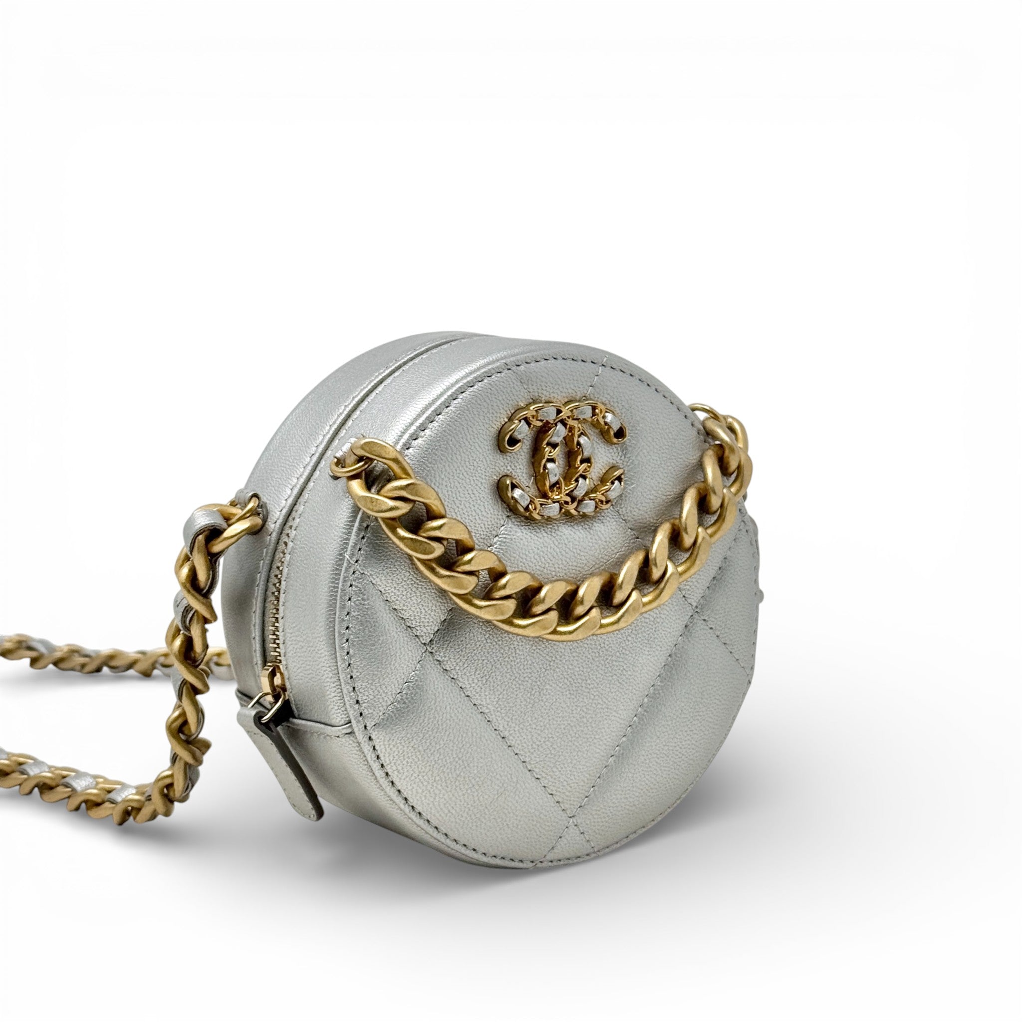 Chanel Silver 19 Round Clutch With Chain