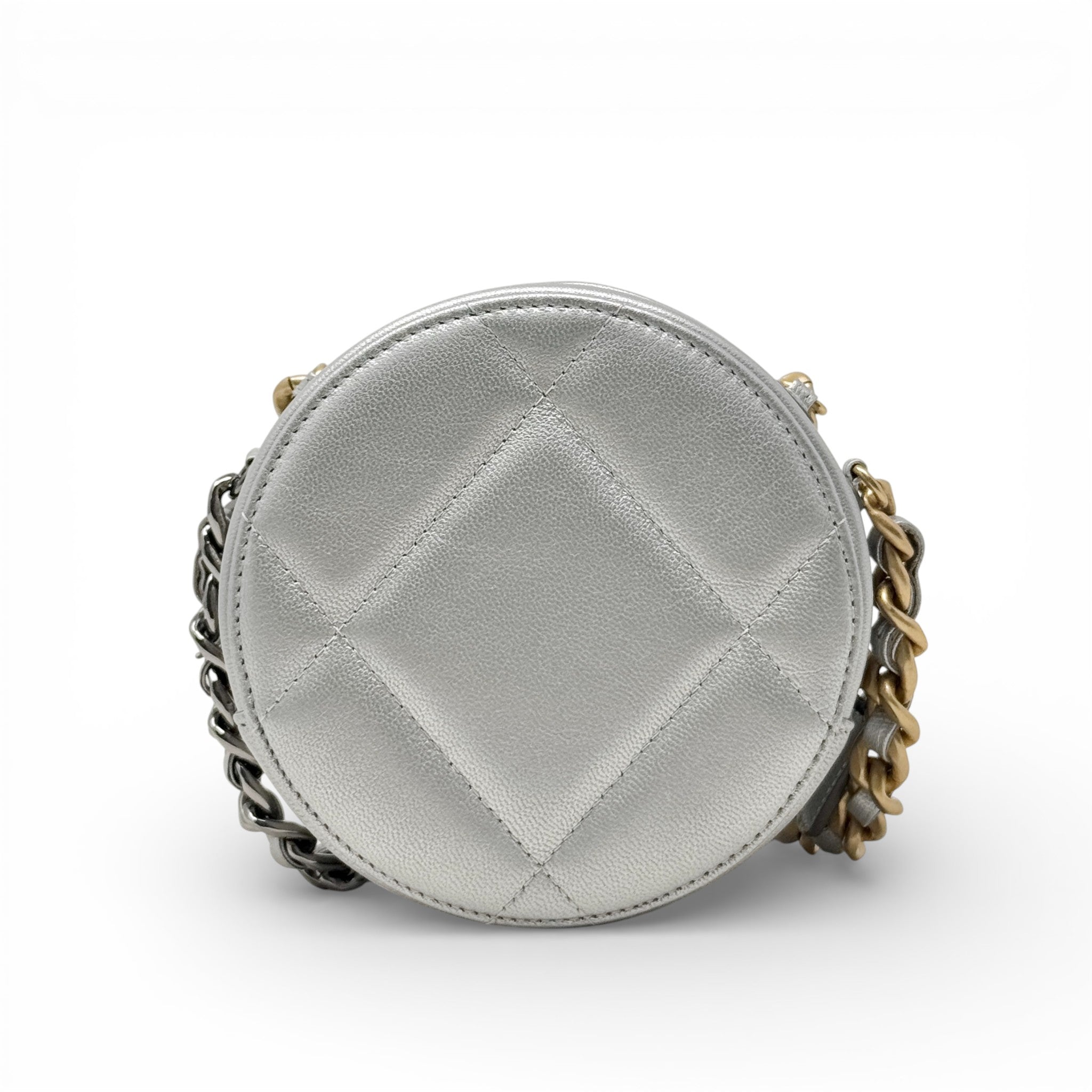 Chanel Silver 19 Round Clutch With Chain