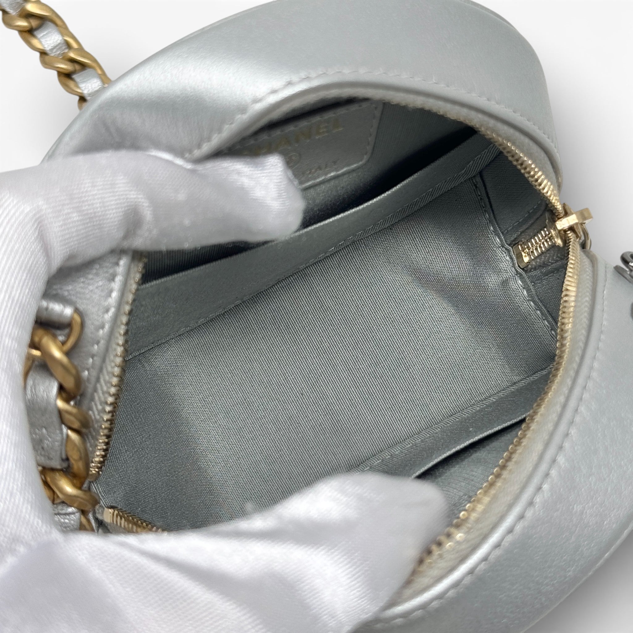 Chanel Silver 19 Round Clutch With Chain