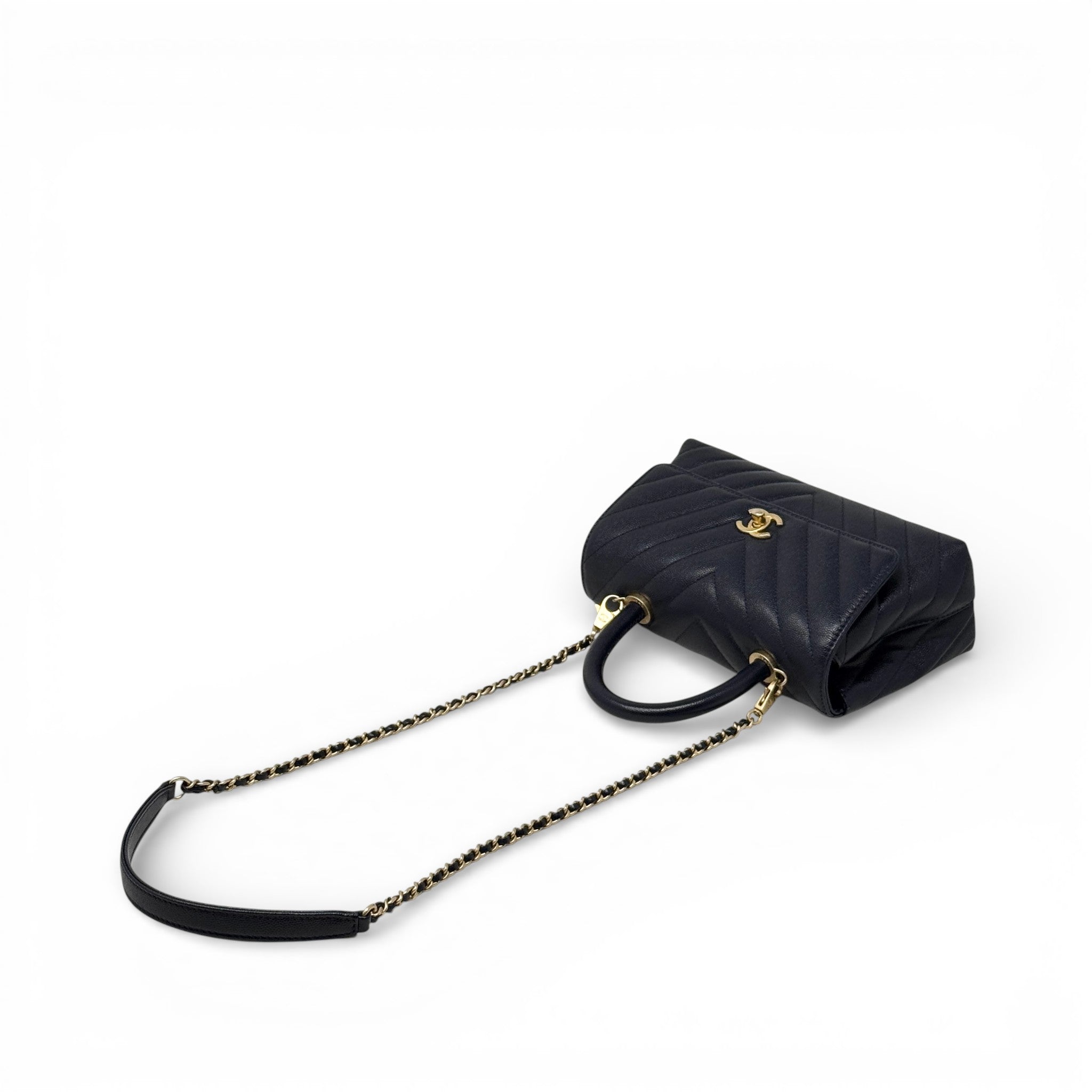Chanel Navy Chevron Small Coco Handle