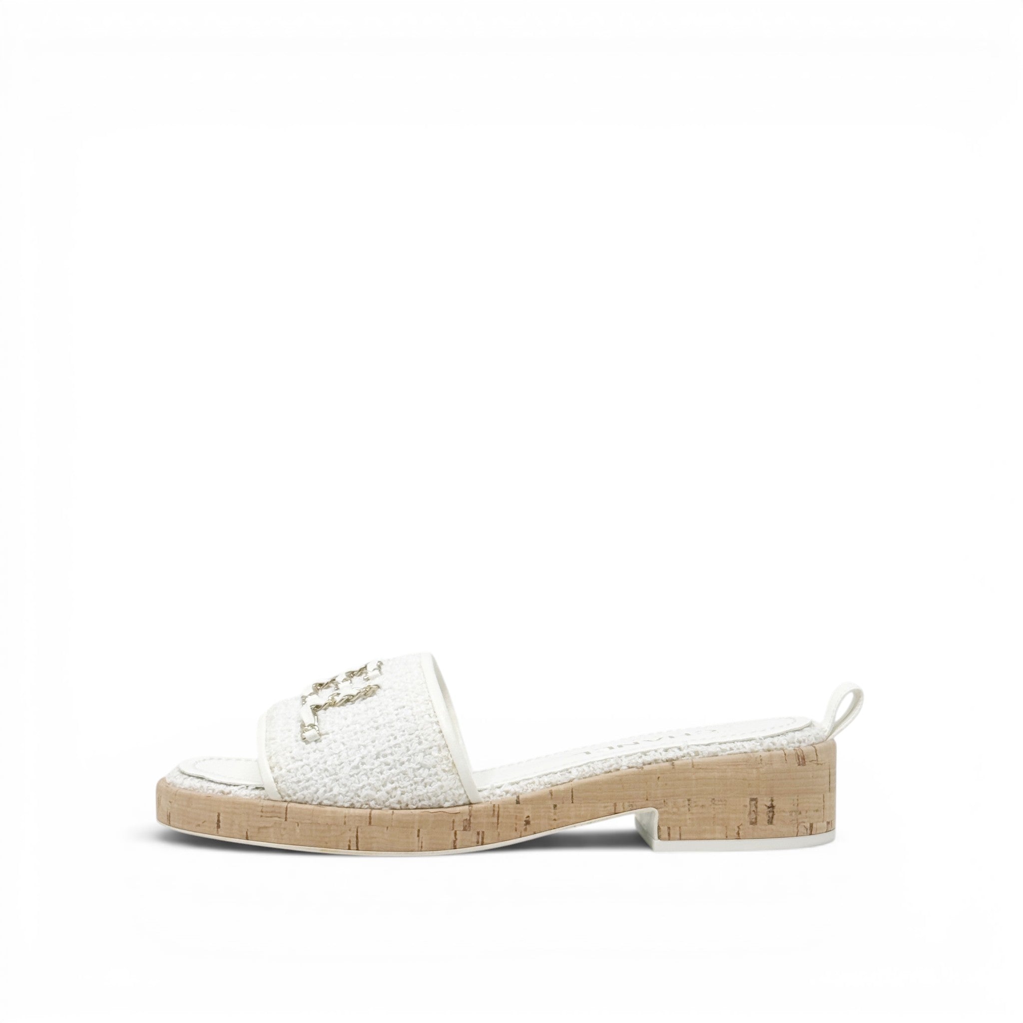 Chanel White Tweed Logo Sandals 39